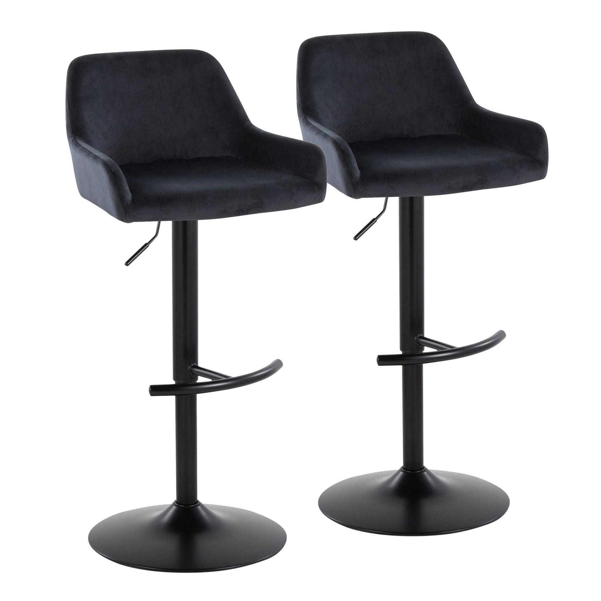 Set of 2 Daniella contemporary adjustable barstools with swivel, cushioned seats, low curved backs, armrests, rounded T footrests, and pedestal bases.