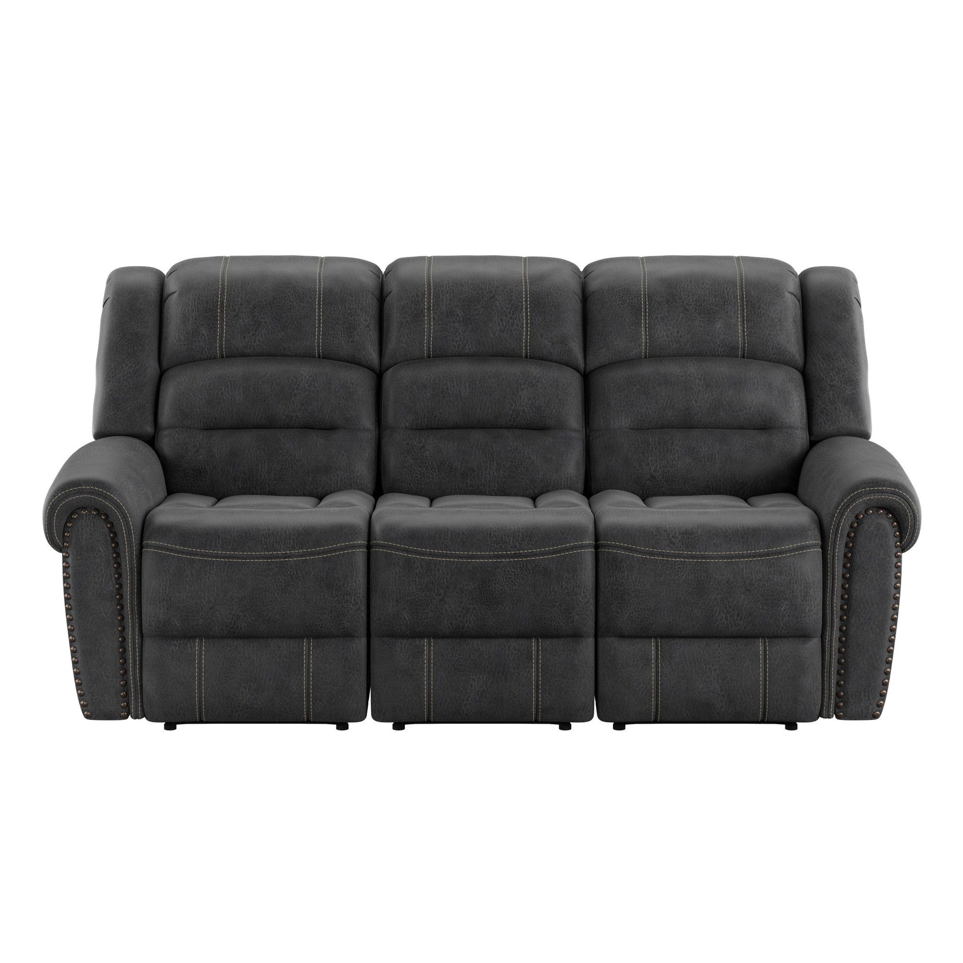 The Ferrar Reclining Sofa in gray is a three-seater with plush cushions, visible stitching, and rounded armrests featuring nailhead trim. The image shows the sofa from the front.
