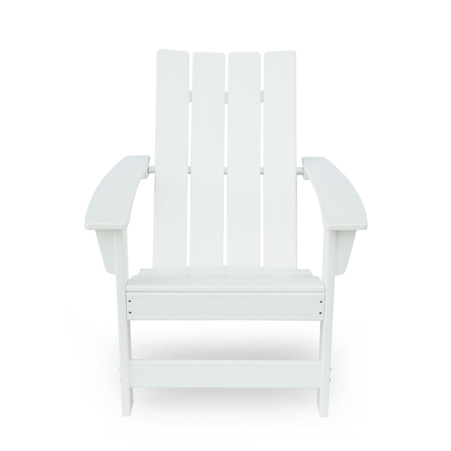 The Enigmara Outdoor High Density Resin Adirondack Chair features a white finish, wide armrests, and a slatted back and seat, pictured against a plain white background.