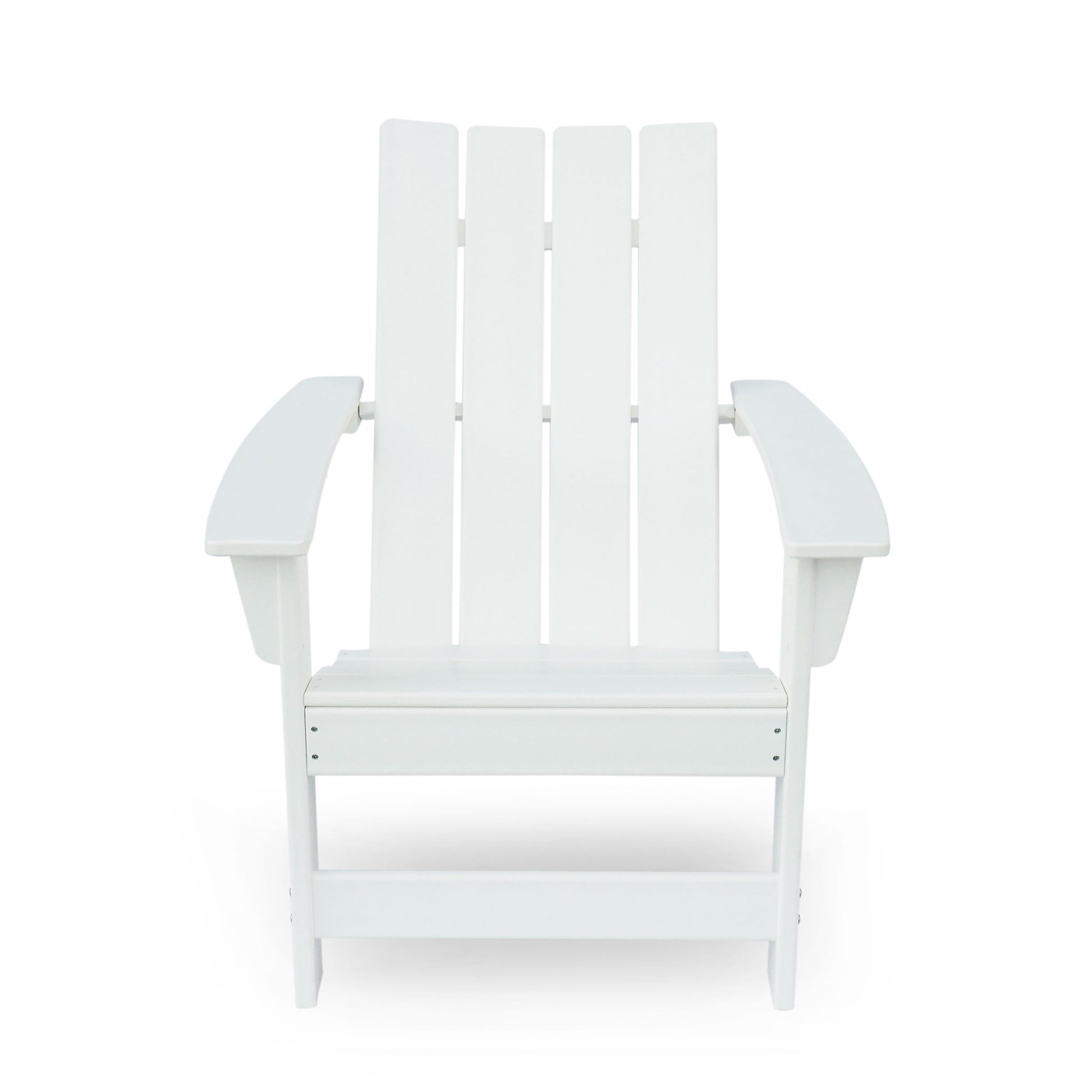 The Enigmara Outdoor High Density Resin Adirondack Chair features a white finish, wide armrests, and a slatted back and seat, pictured against a plain white background.