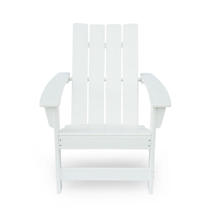The Enigmara Outdoor High Density Resin Adirondack Chair features a white finish, wide armrests, and a slatted back and seat, pictured against a plain white background.