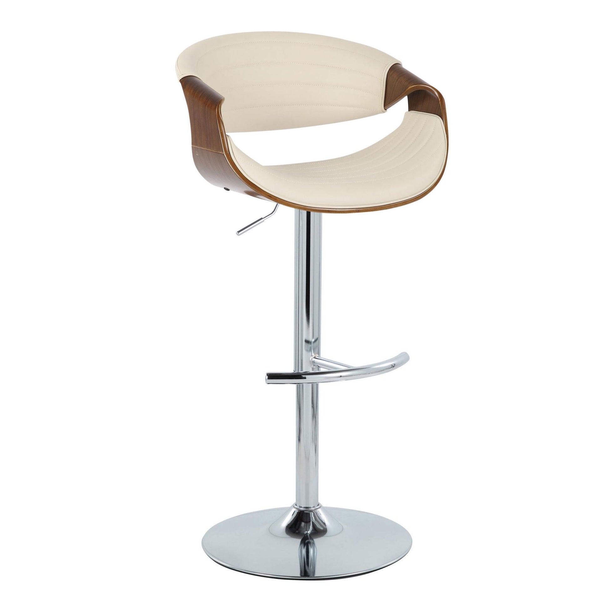 The Symphony barstool set features a mid-century modern design with a polished chrome base, curved wood accent backrest, cream cushioned seat, adjustable height lever, and a rounded T footrest. Set of 2.