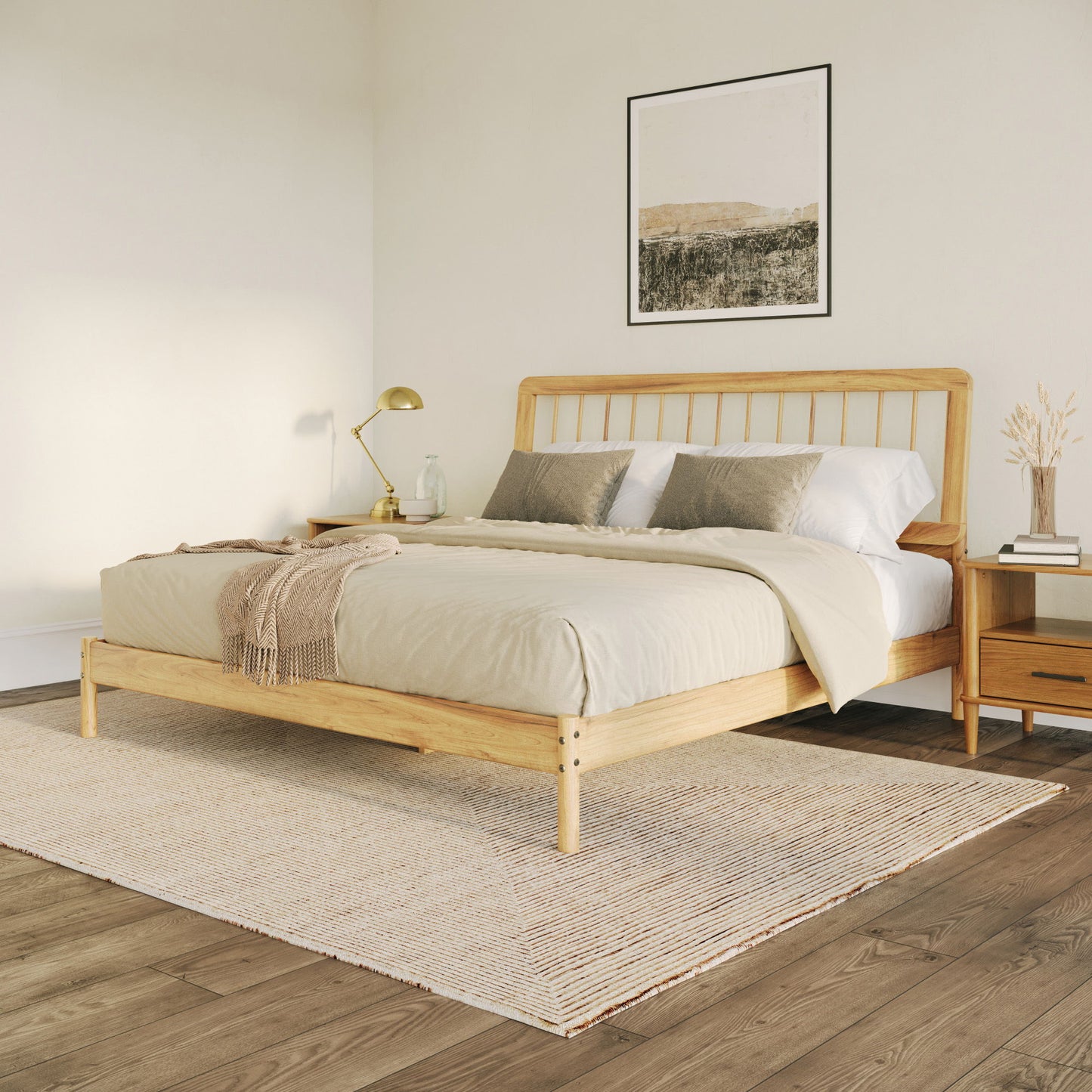 Minimalist bedroom featuring the Mid-Century Modern Solid Wood Spindle Bed with beige bedding, two pillows, a bedside table and lamp, decorative vase, wall art above the bed, all on a woven rug atop wooden flooring.