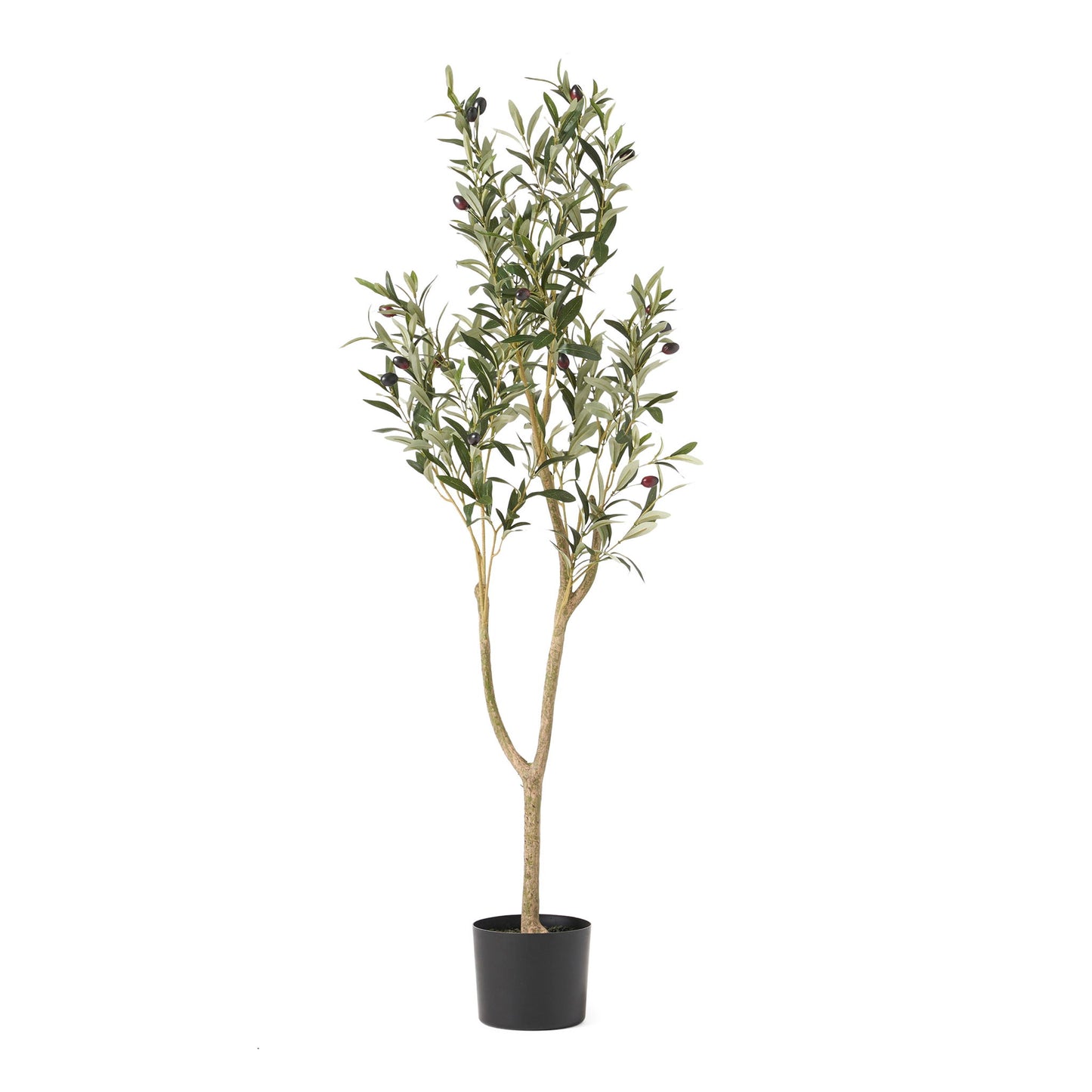 The Artificial Olive Tree features slender branches, green leaves, and small dark olives in a simple black pot, displayed against a white background.