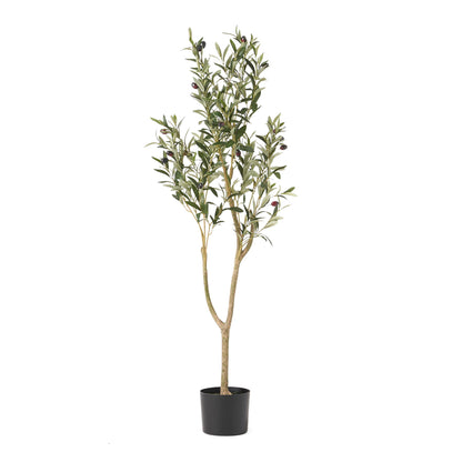 The Artificial Olive Tree features slender branches, green leaves, and small dark olives in a simple black pot, displayed against a white background.