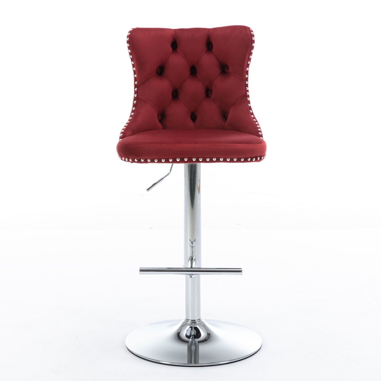 The Swivel Velvet Barstools feature a red, tufted back and seat, silver nailhead trim, and a chrome adjustable pedestal base with footrest. Modern upholstered design, seat height from 25-33", set of 2—perfect for home pub or kitchen island.