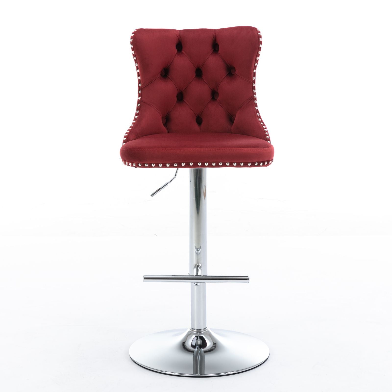 The Swivel Velvet Barstools feature a red, tufted back and seat, silver nailhead trim, and a chrome adjustable pedestal base with footrest. Modern upholstered design, seat height from 25-33", set of 2—perfect for home pub or kitchen island.