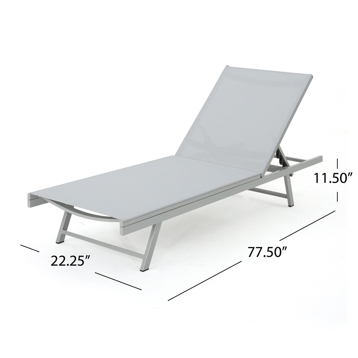 The Salton - Chaise Lounge Outdoor Relaxation is a modern gray outdoor chaise with an adjustable backrest, measuring 77.5"L x 22.25"W x 11.5"H off the ground.