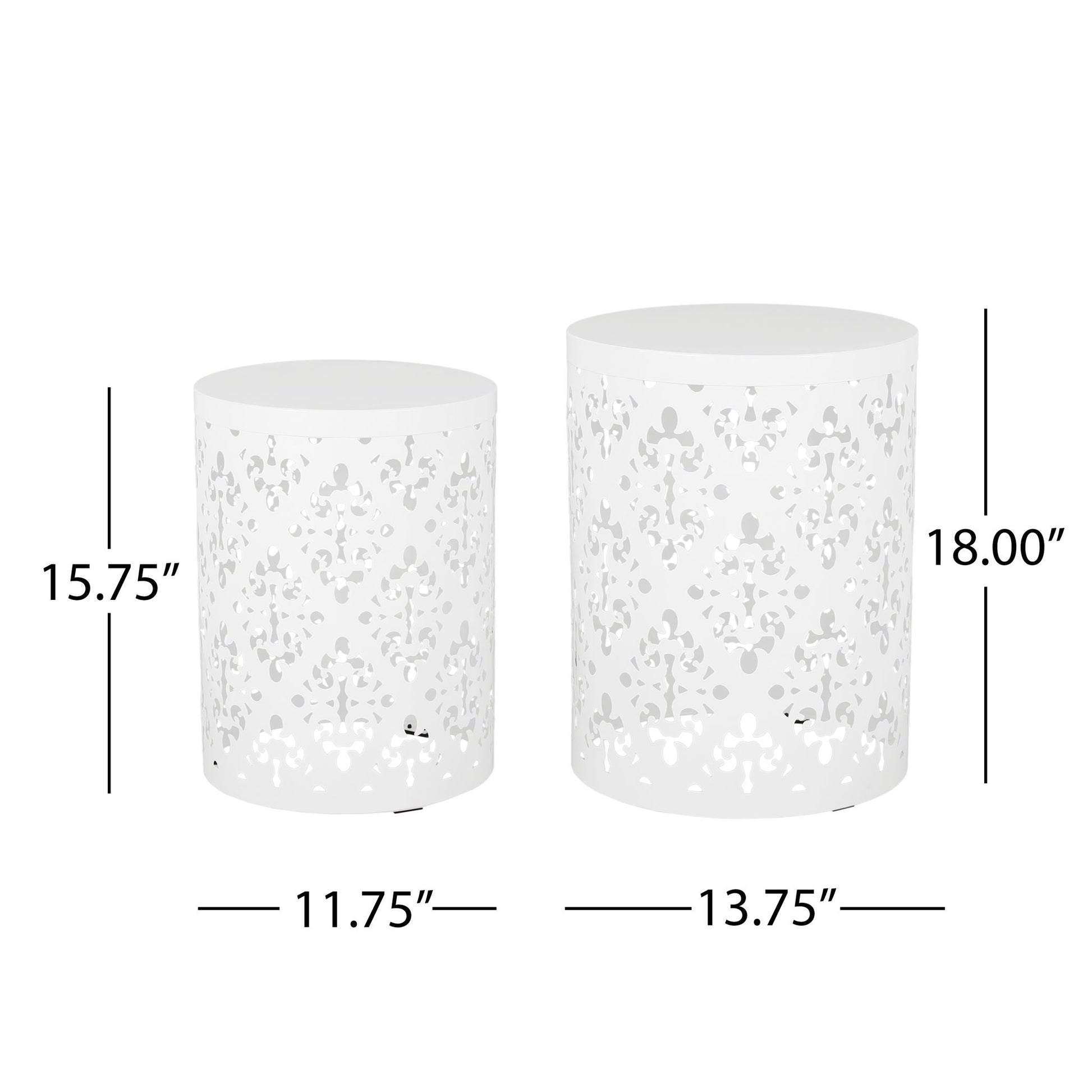 Set of two white Outdoor Metal Modern Design End Tables with decorative cutouts: the smaller table is 15.75" H x 11.75" W, and the larger table is 18" H x 13.75" W; measurements are displayed beside each table.