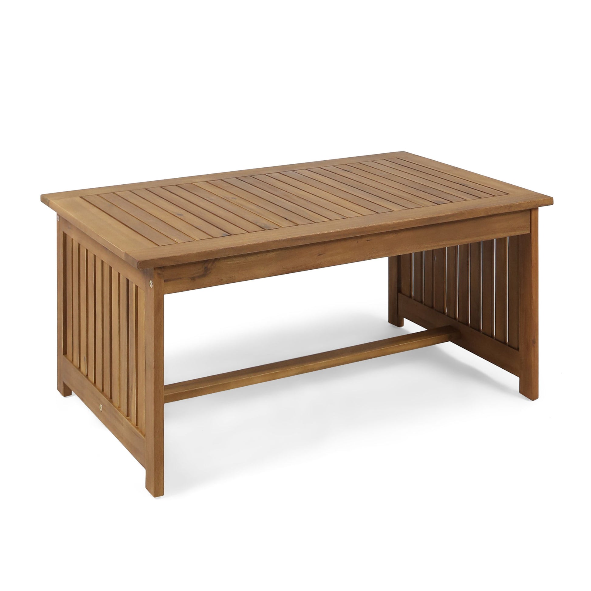 The Acacia Wood Rectangular Patio Coffee Table For Outside features a slatted top and sides, natural finish, and sturdy legs, displayed against a white background.