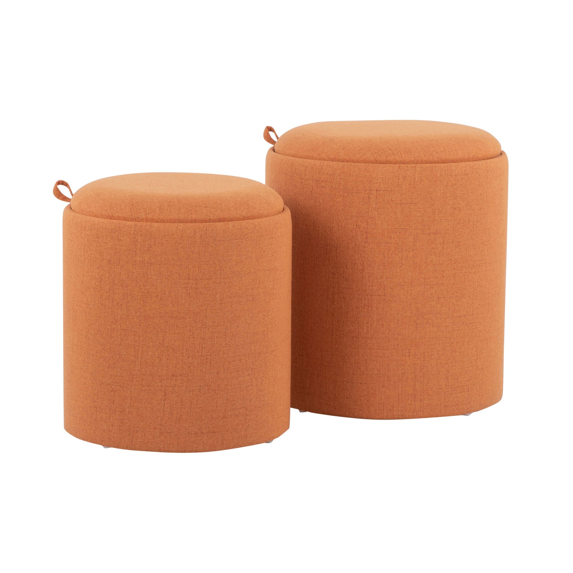 The Tray - Contemporary Nesting Ottoman Set features two round orange fabric ottomans of varying heights, each with a flat top and side handles, shown side by side on a white background.