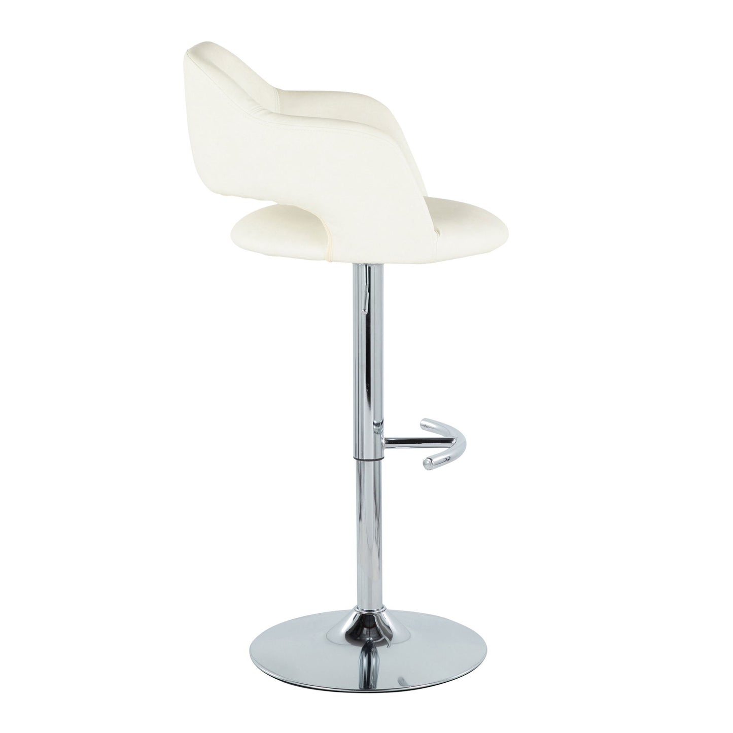 The Margarite Contemporary Adjustable Barstool with swivel and a rounded T footrest (set of 2) features modern white upholstery, a curved backrest, chrome pedestal base, and is shown from the side against a plain white background.