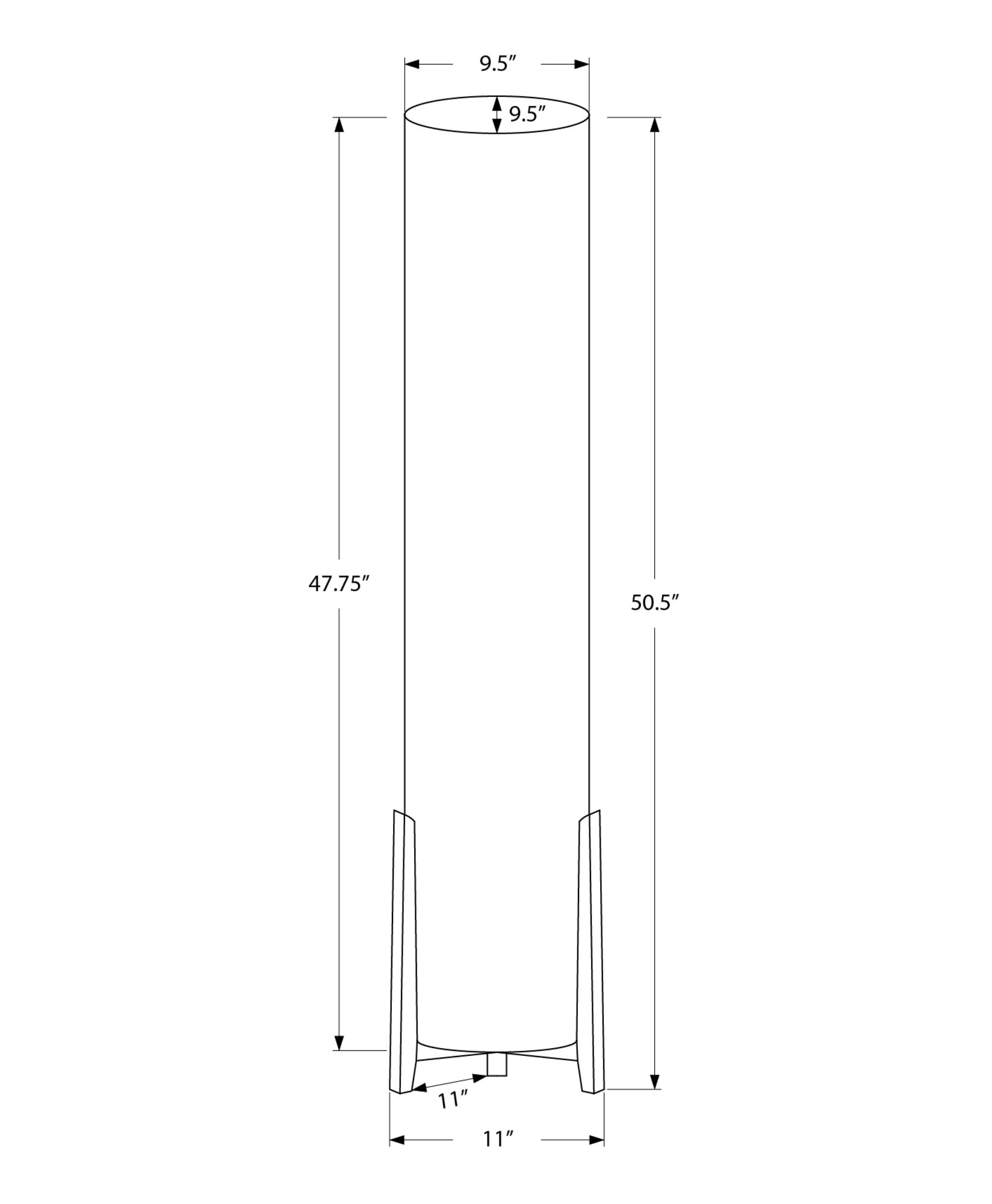 Line drawing of the Lighting Floor Lamp (Wood Look, Contemporary, Brown): tall cylindrical body 9.5" diameter, 50.5" height; base width 11"; distance from bottom to cylinder’s body is 47.75".