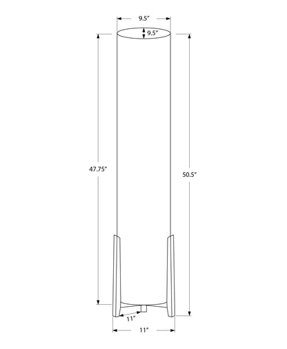 Line drawing of the Lighting Floor Lamp (Wood Look, Contemporary, Brown): tall cylindrical body 9.5" diameter, 50.5" height; base width 11"; distance from bottom to cylinder’s body is 47.75".