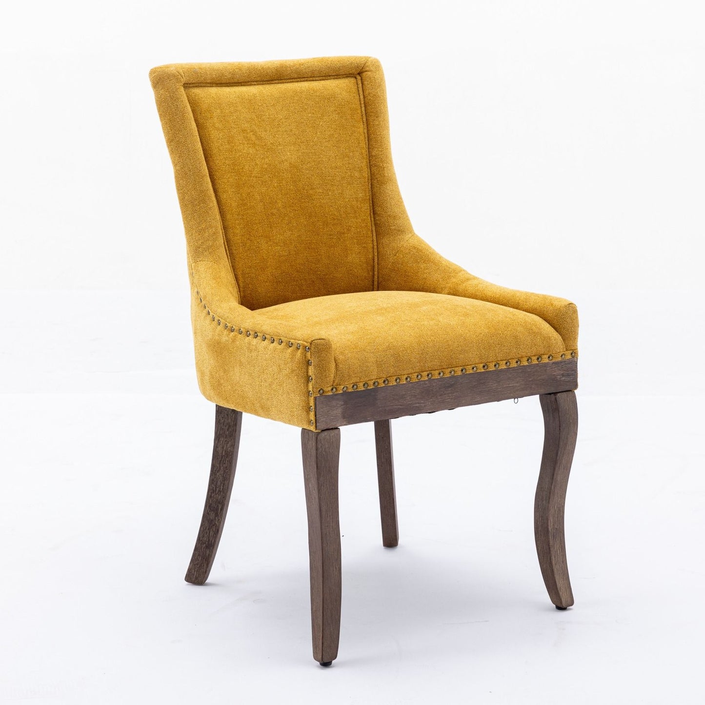 An Ultra Side Dining Chair with yellow thickened fabric, a high back, bronze nailhead trim, and neutrally toned solid wood legs is shown against a plain white background.