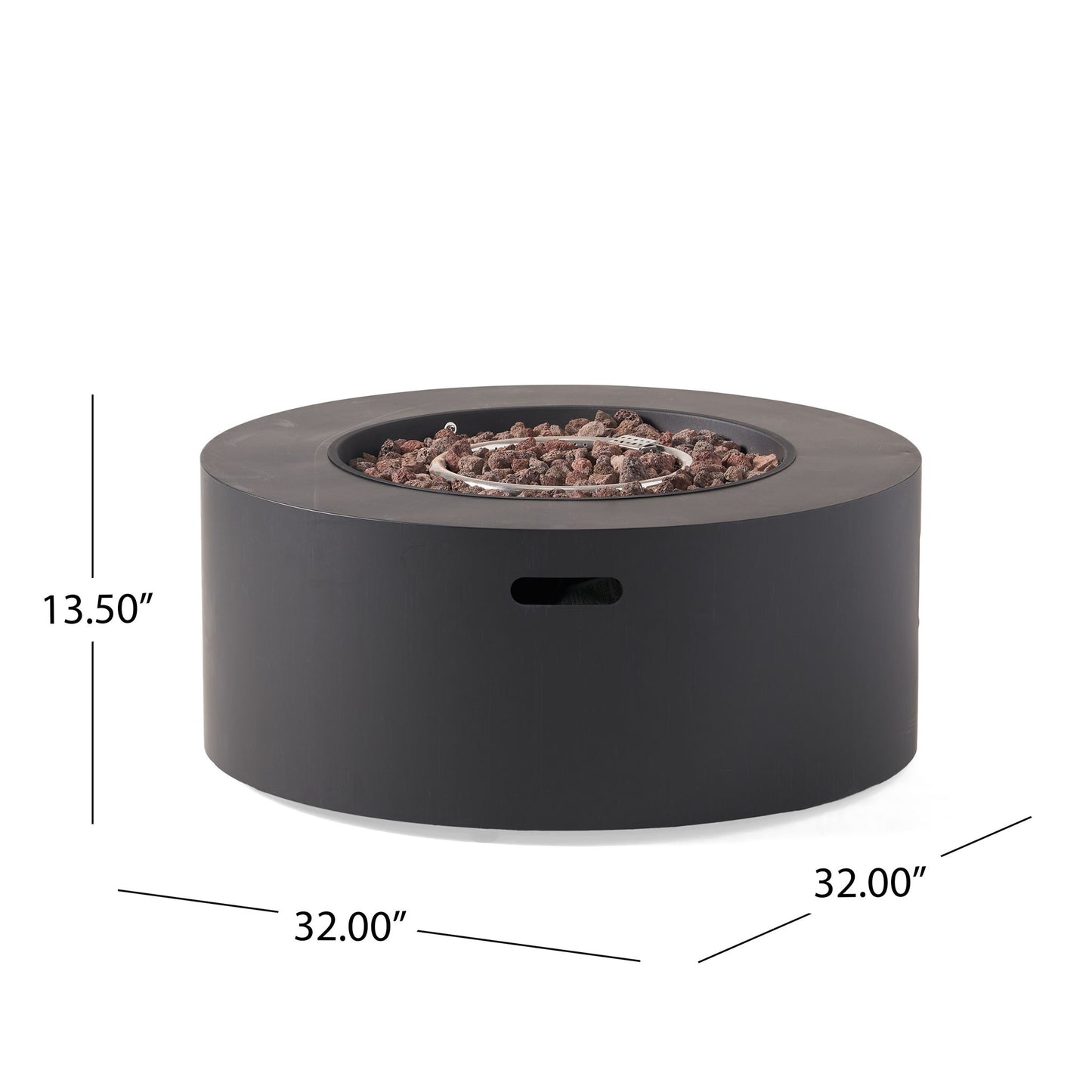 The Round Iron Fire Pit With 40,000 Btu is a black, round outdoor fire pit with lava rocks, measuring 32" in diameter and 13.5" high. It features a rectangular handle slot on the side.
