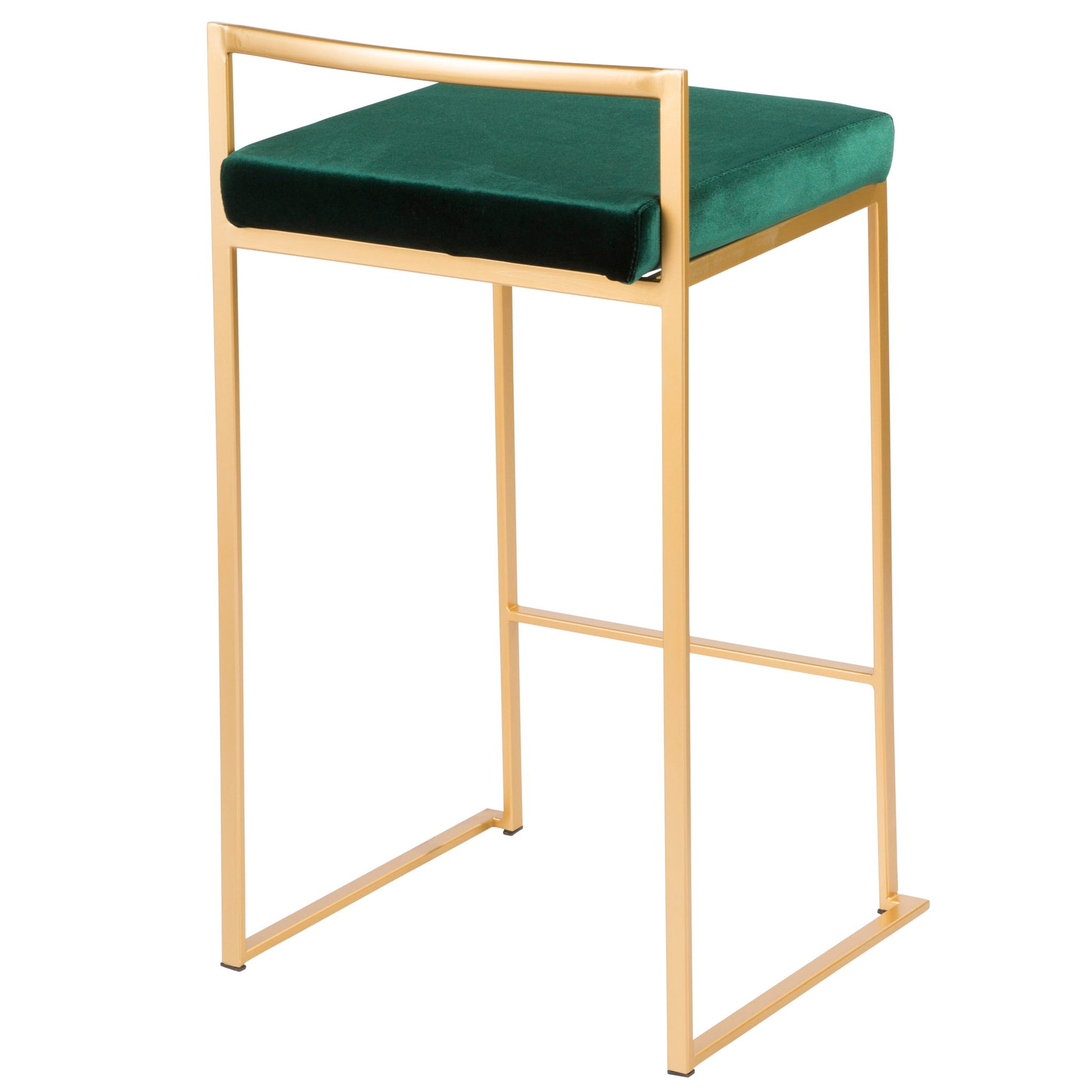 The Fuji Counter Stool (Set of 2) features a contemporary glam design with a gold metal frame, rectangular green velvet cushion seat, clean minimalist lines, and an open backrest.