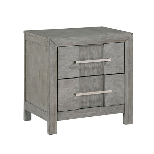 Modern 2 Drawer Nightstand In Gray Finish With Silver Metal Handles, Contemporary Bedside Table With Smooth Glide Drawers