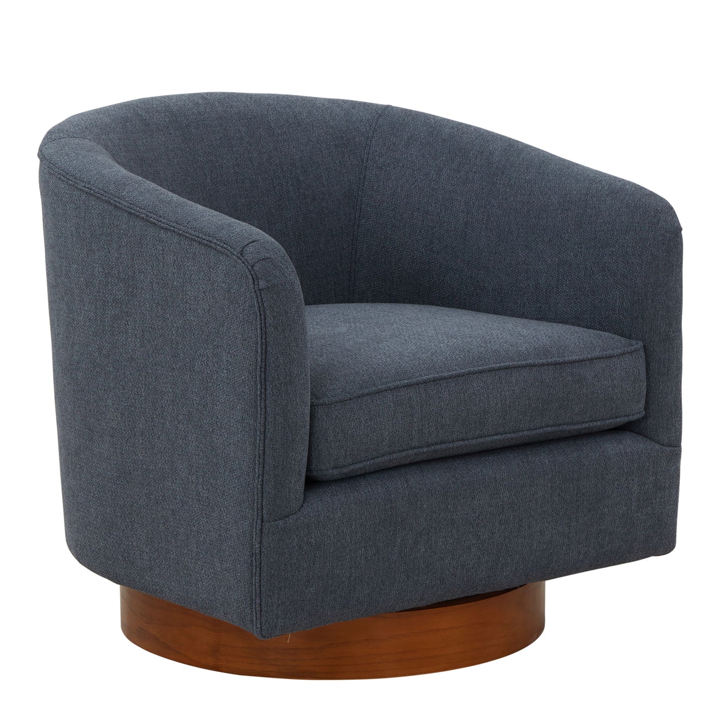 The Miramar Swivel Barrel Chair features modern, dark blue upholstery, a curved backrest and seat cushion, and rests on a round wooden base.