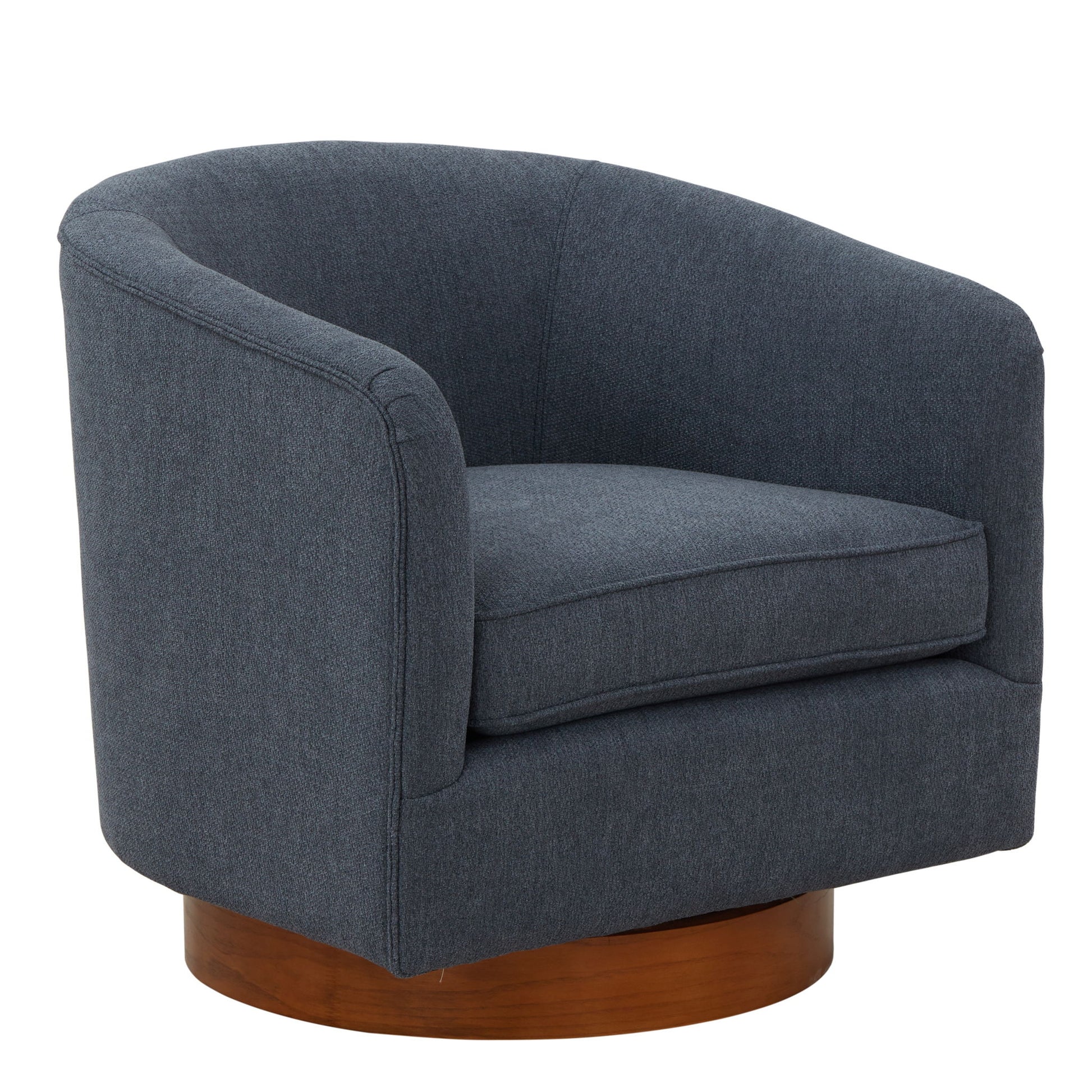 The Miramar Swivel Barrel Chair features modern, dark blue upholstery, a curved backrest and seat cushion, and rests on a round wooden base.