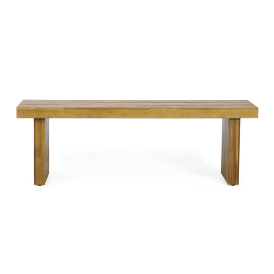The Nahanni Rustic Acacia Wood Bench features a natural slat design with a flat rectangular seat and sturdy block legs, shown against a white background.