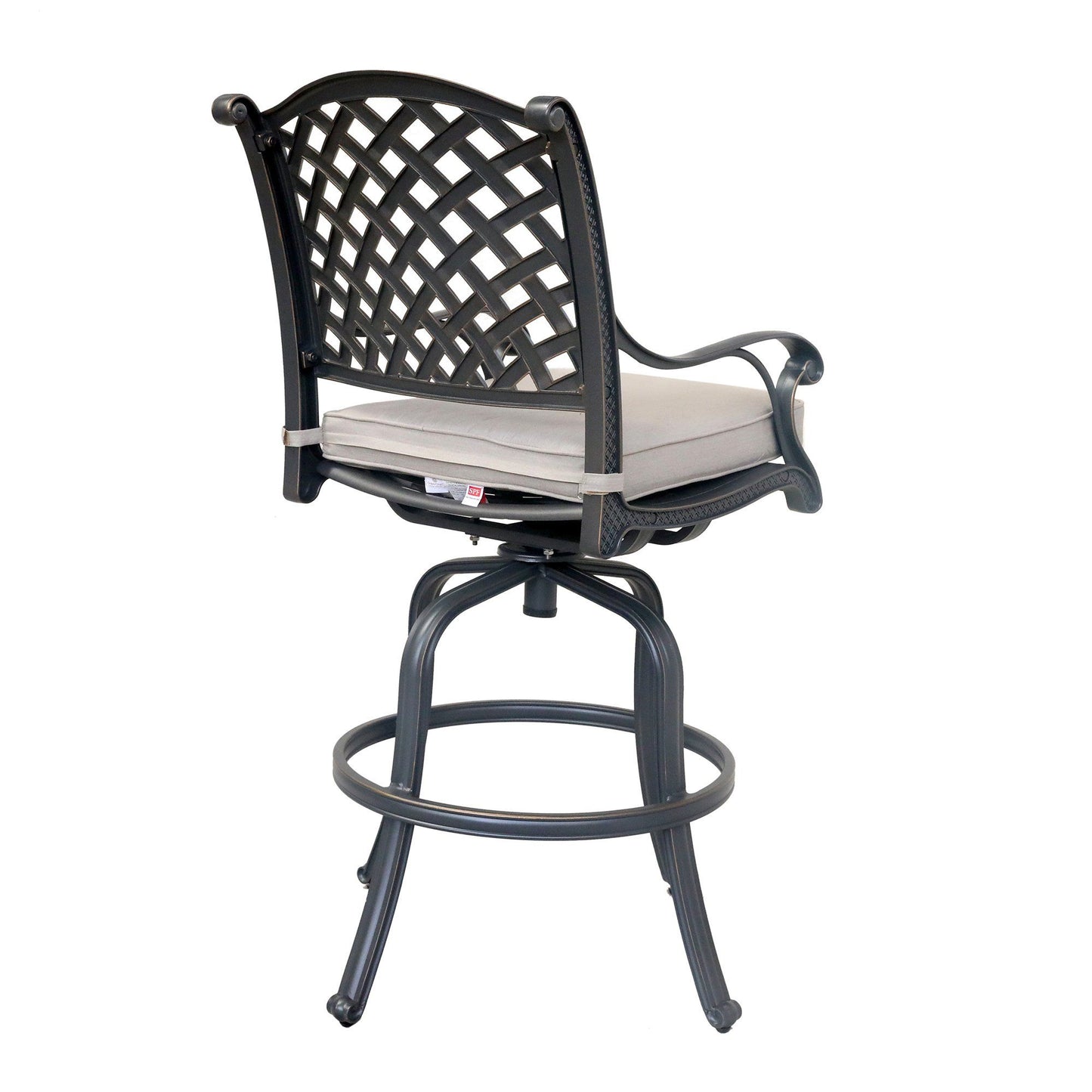 The Bar Stool (Set of 2) features black metal frames, lattice-patterned backrests, curved armrests, circular footrests, light beige cushioned seats, and sturdy four-legged bases for outdoor use.