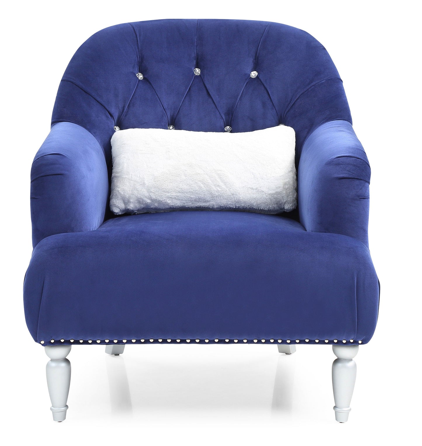 The Jewel - Chair - Blue features a blue velvet finish with a button-tufted backrest, a white pillow, decorative seat-edge studs, and slightly turned light wooden legs.