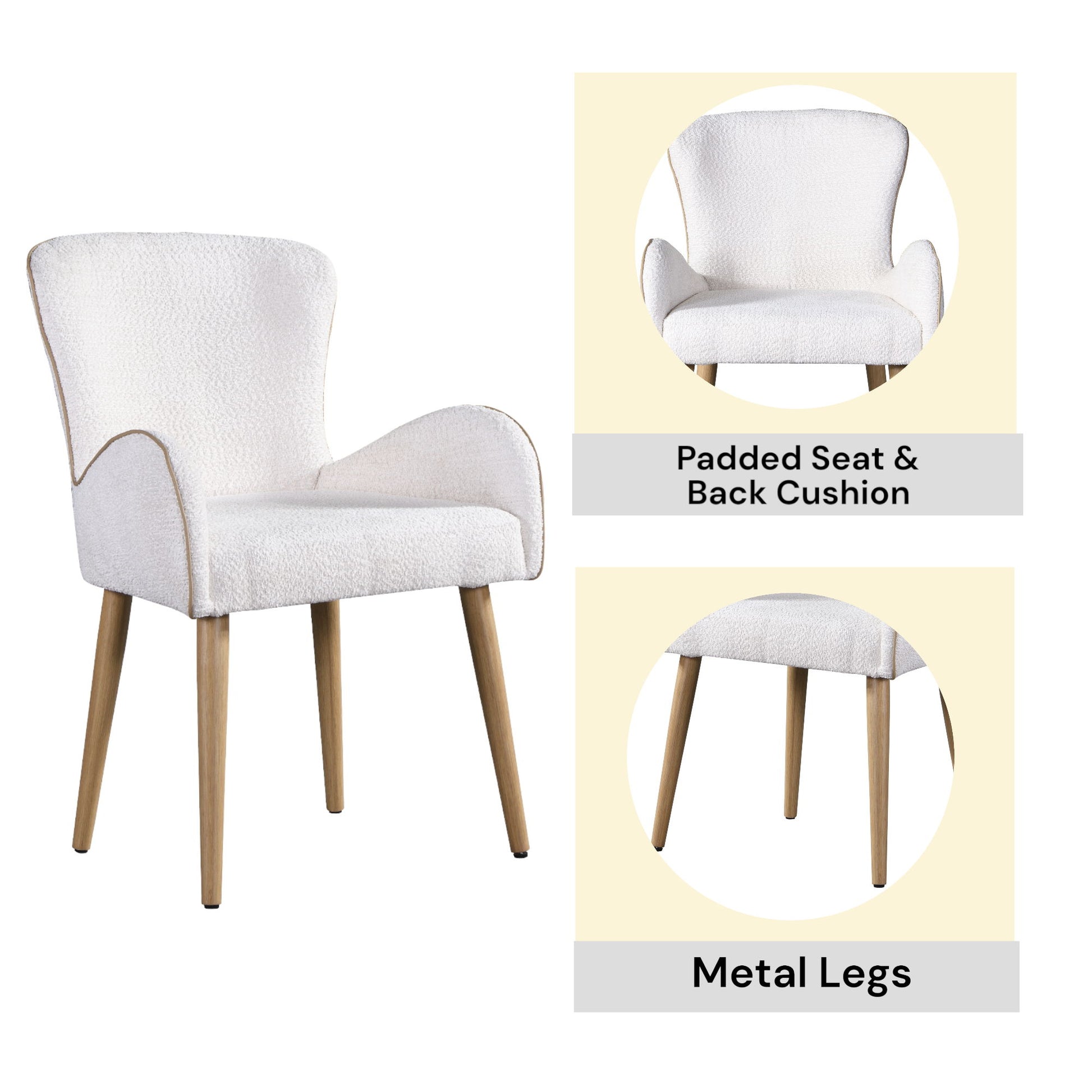 The Qwin Boucle Side Chair set features beige chairs with padded seats and back cushions, wooden legs, and rounded armrests. Two close-up circles emphasize the soft cushion and wooden legs. Set includes 2 chairs.