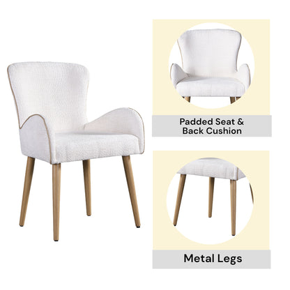 The Qwin Boucle Side Chair set features beige chairs with padded seats and back cushions, wooden legs, and rounded armrests. Two close-up circles emphasize the soft cushion and wooden legs. Set includes 2 chairs.