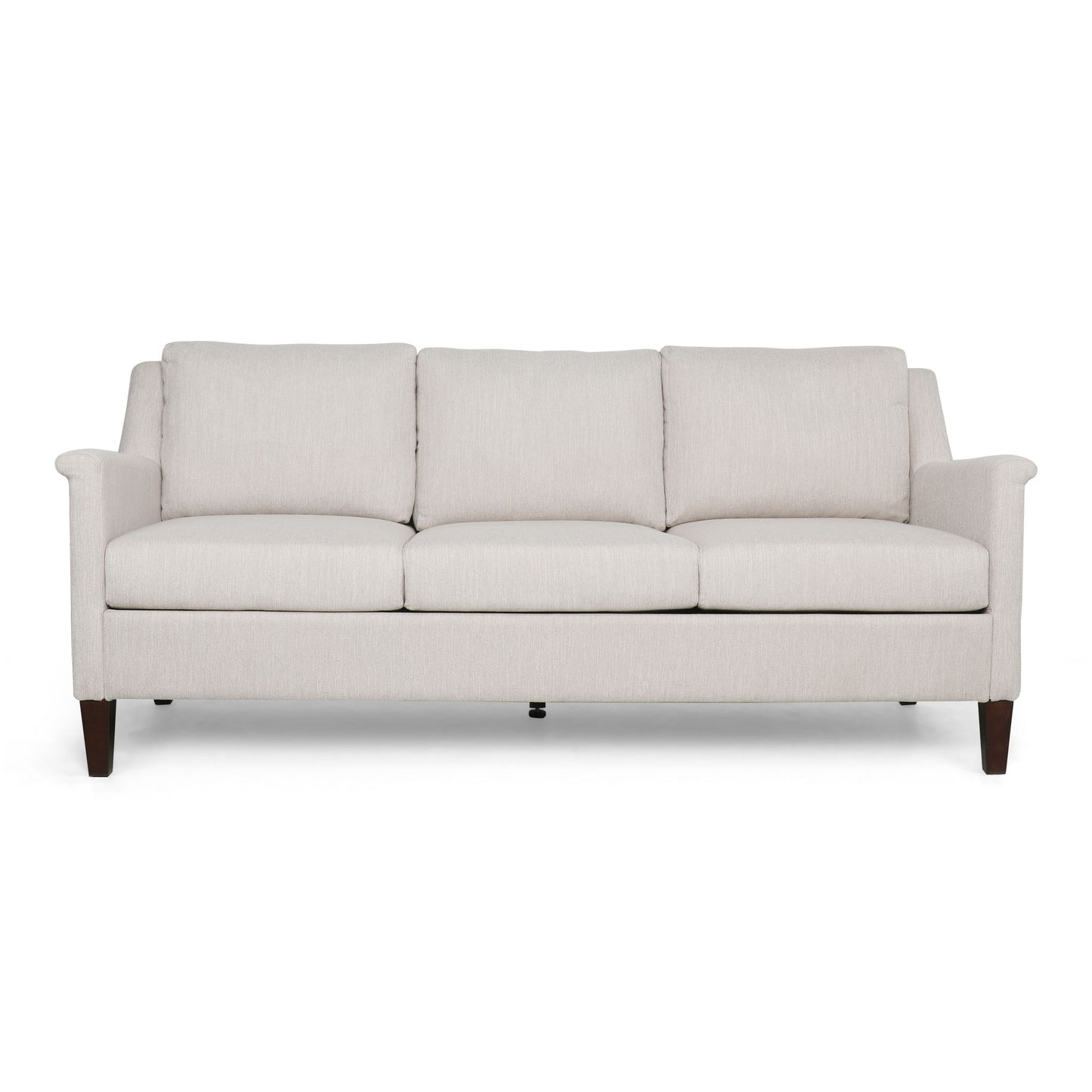 The 3 Seater Contemporary Design Sofa features light beige upholstery, three seat and back cushions, and dark wooden legs, displayed against a white background.