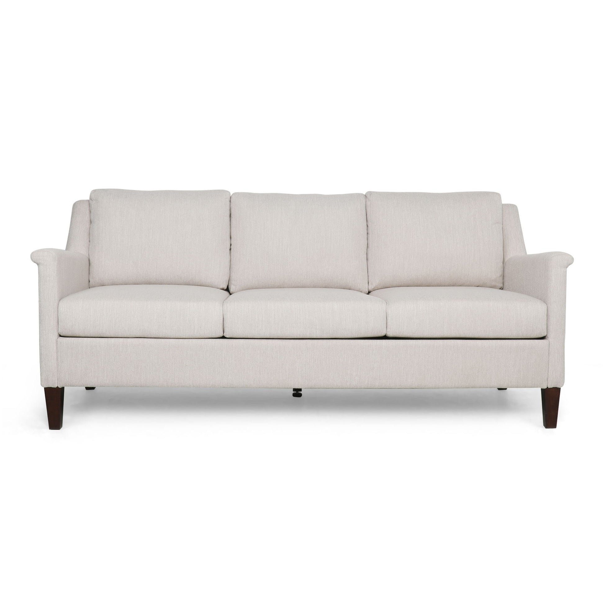 The 3 Seater Contemporary Design Sofa features light beige upholstery, three seat and back cushions, and dark wooden legs, displayed against a white background.