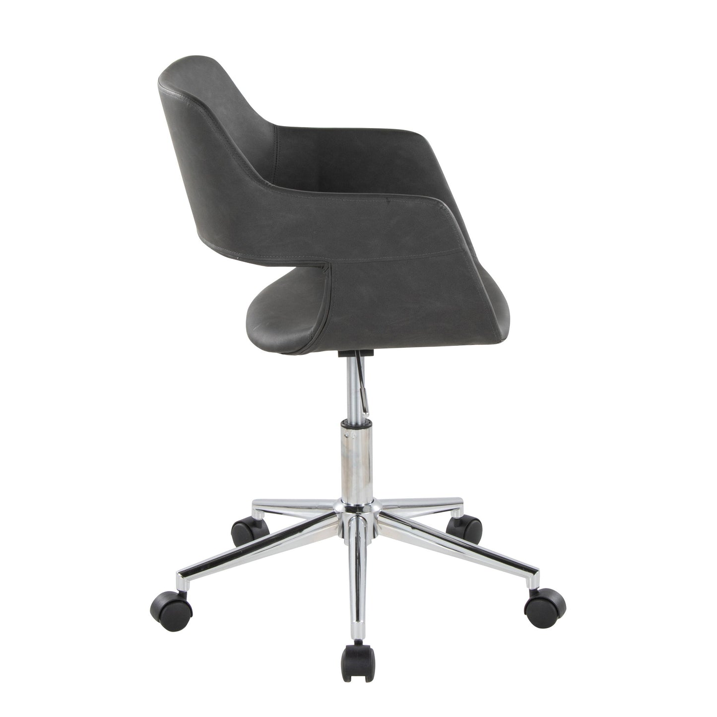 The Margarite Contemporary Office Task Chair features a modern black design with a curved backrest and armrests on a chrome five-wheel base, shown from the side against a white background.