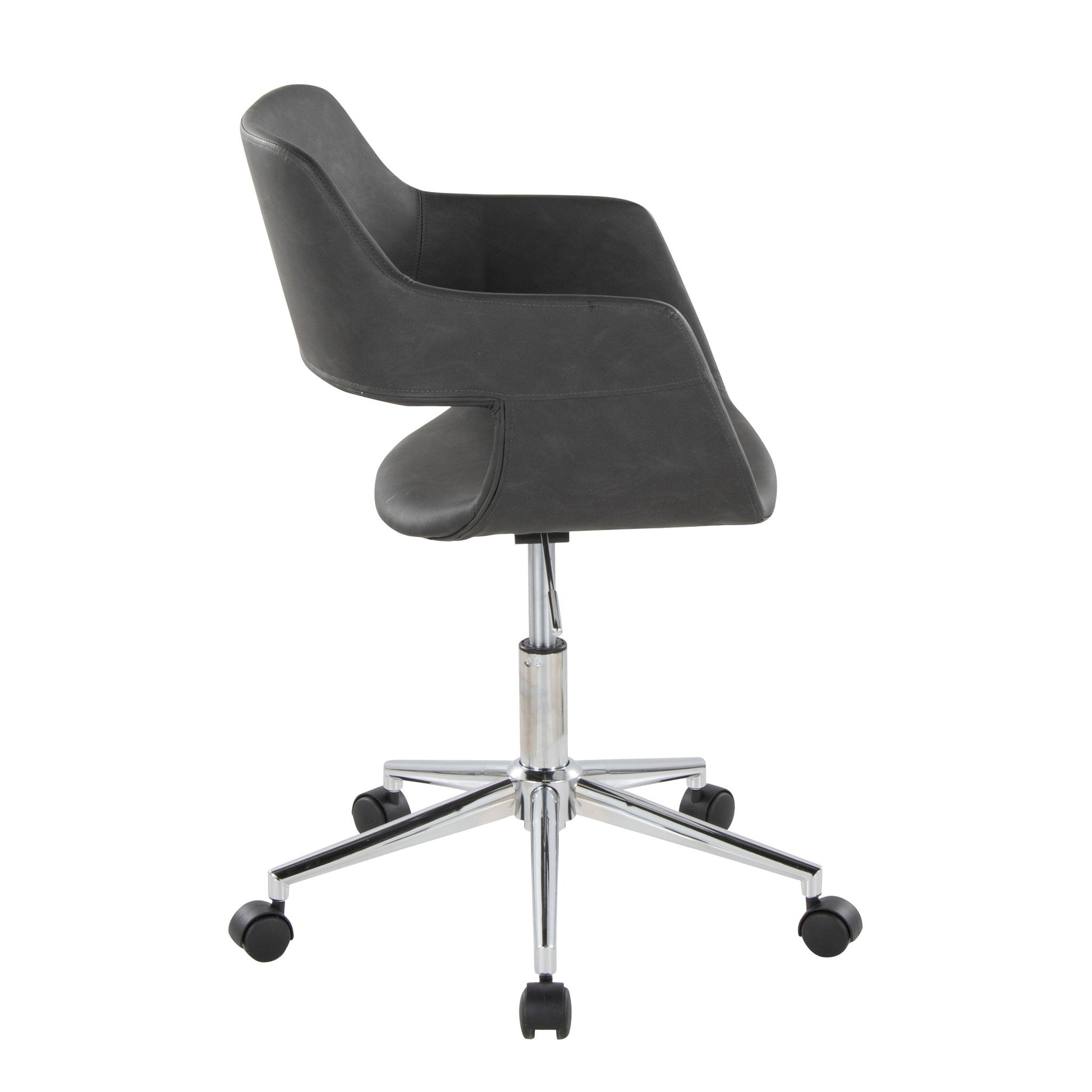 The Margarite Contemporary Office Task Chair features a modern black design with a curved backrest and armrests on a chrome five-wheel base, shown from the side against a white background.