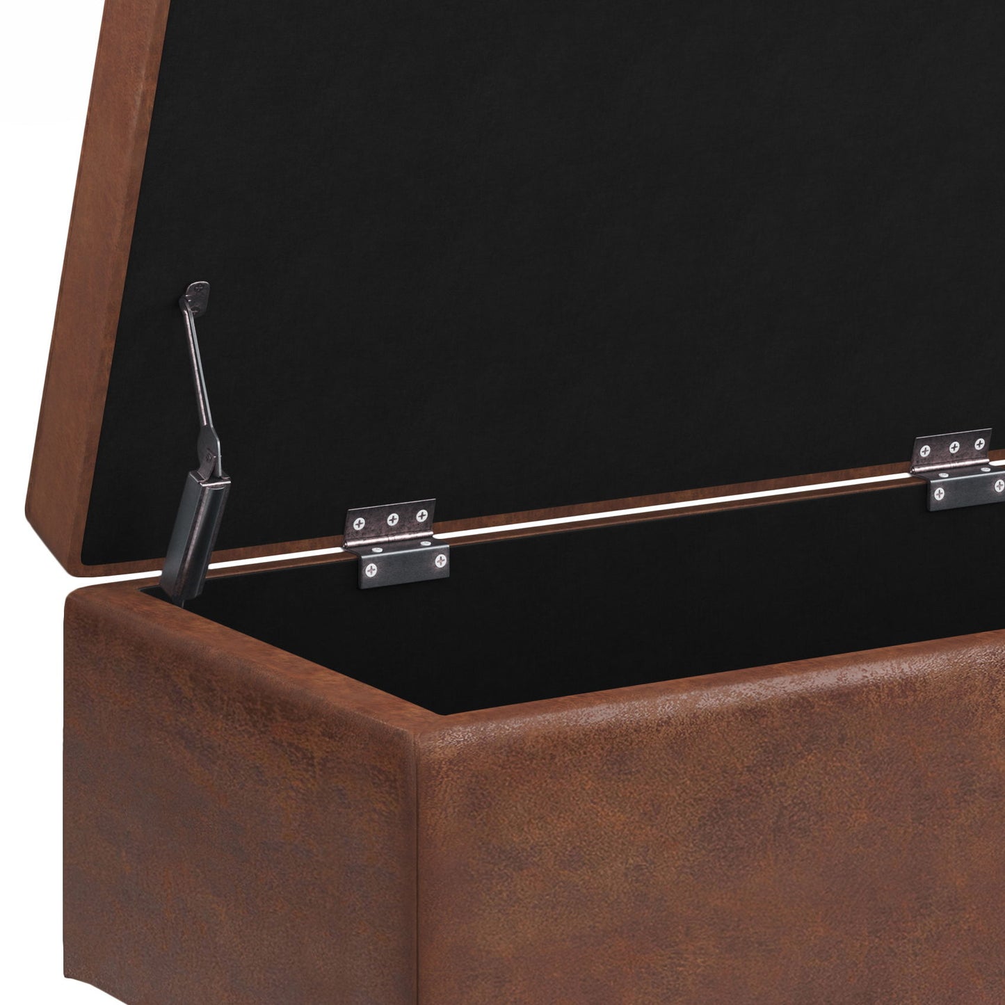 A close-up view of the Shay Large Square Coffee Table Storage Ottoman in mid-century style, shown open with its brown hinged lid lifted to reveal the spacious interior and sturdy metal support mechanism.