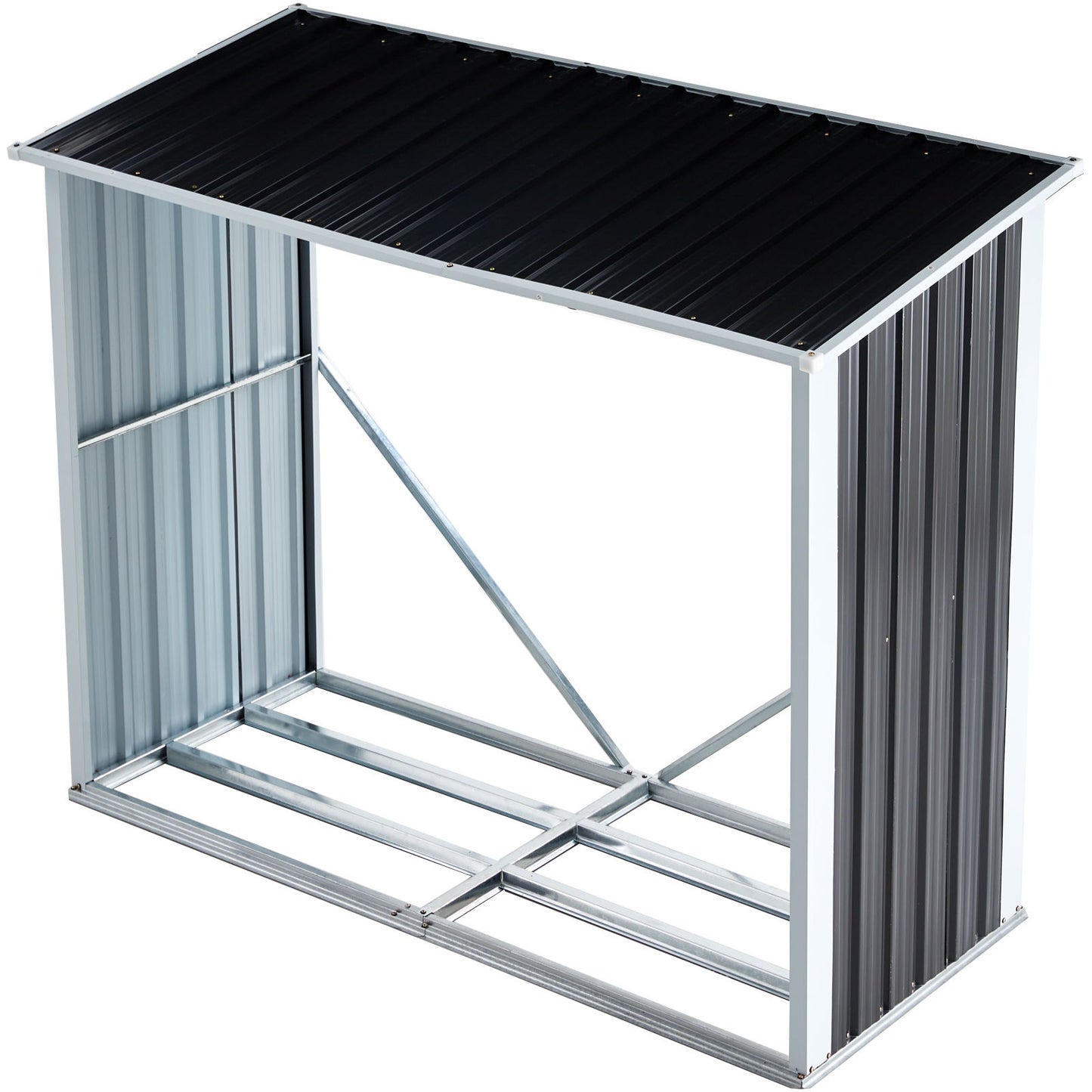The Log Storage Shed is a black anthracite galvanized steel firewood rack with a slanted roof and open sides, ideal for storing logs or tools in your backyard, garden, patio, or porch. Features include a steel frame and corrugated panels on the roof and one side.