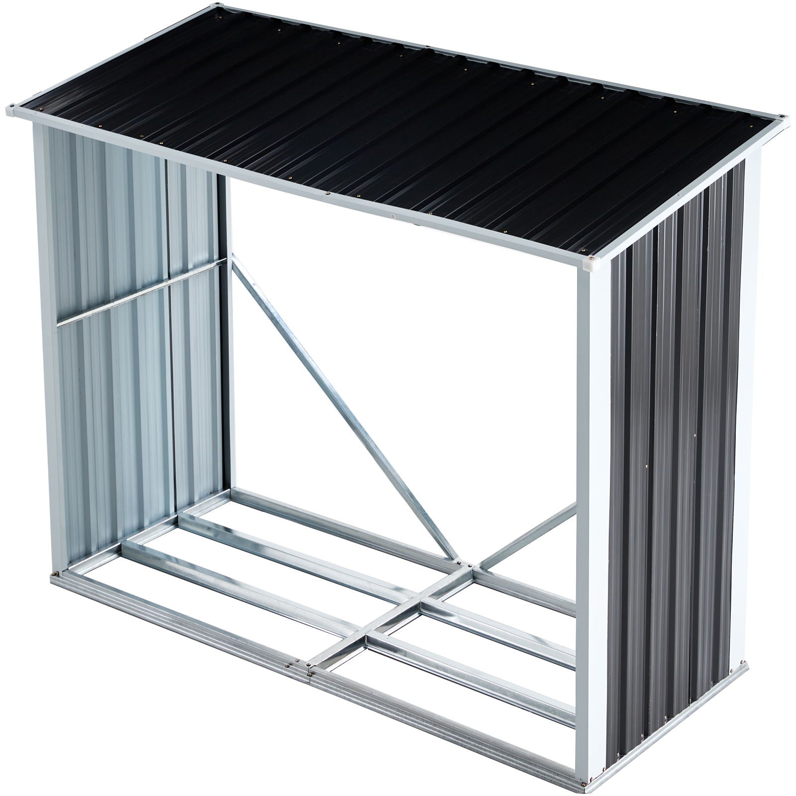 The Log Storage Shed is a black anthracite galvanized steel firewood rack with a slanted roof and open sides, ideal for storing logs or tools in your backyard, garden, patio, or porch. Features include a steel frame and corrugated panels on the roof and one side.
