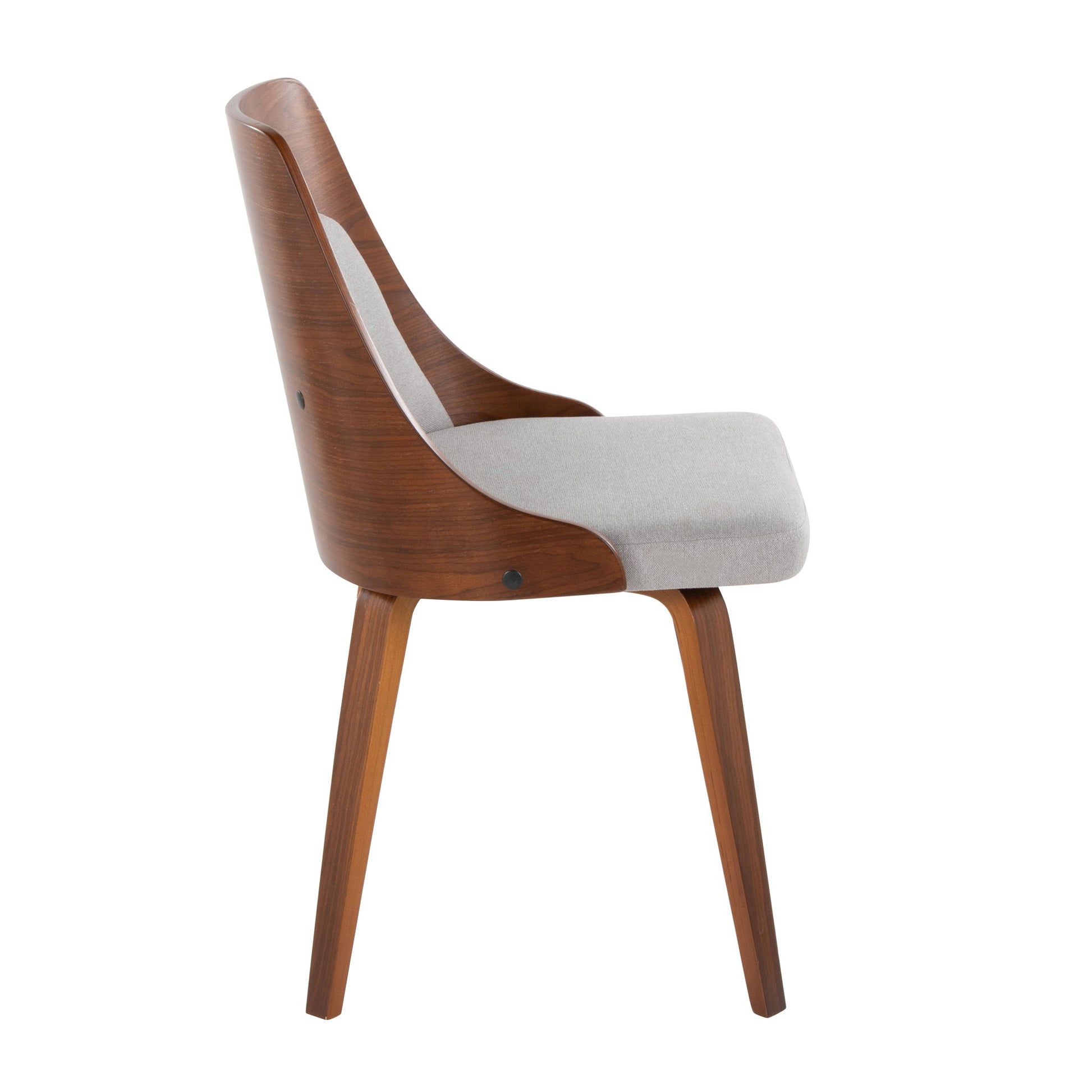 The Anabelle - Mid-Century Modern Dining Chair (Set of 2) features a curved wooden backrest, angled wooden legs, and a light grey cushioned seat. Shown from the side against a white background.