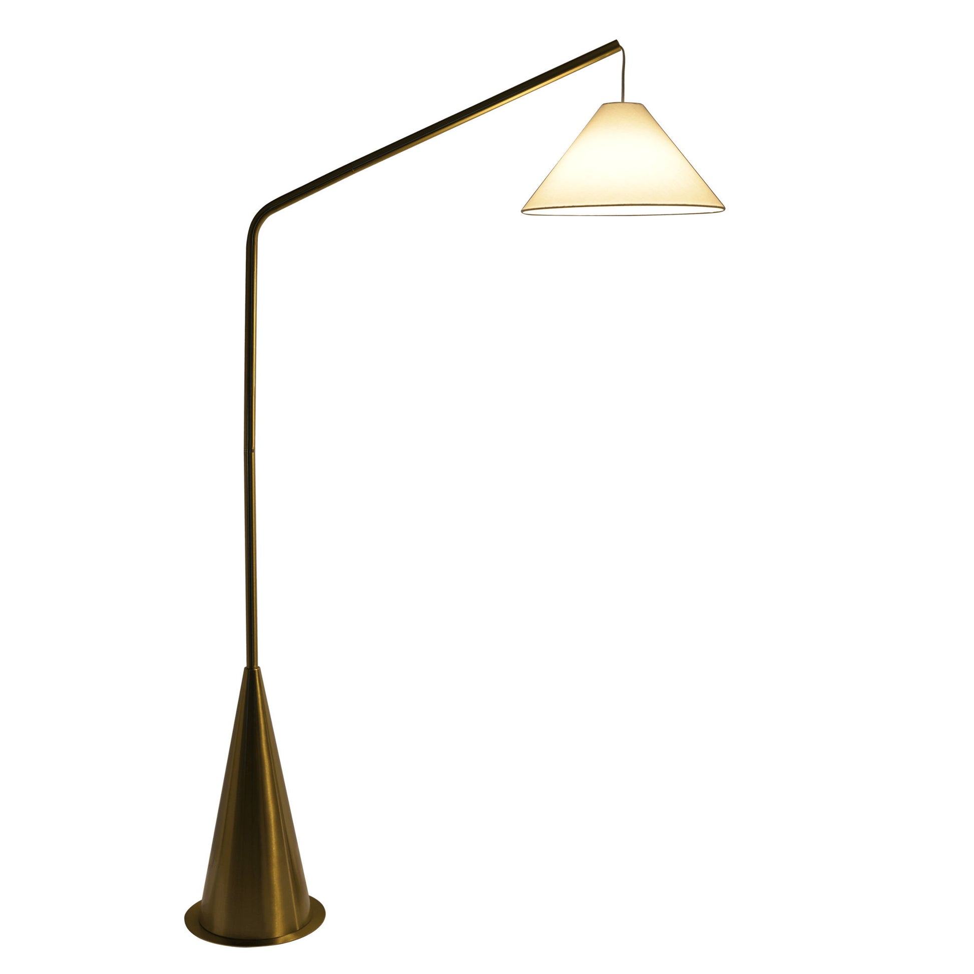 The Lisbon Floor Lamp features a coned antique brass base, slim angled stem, white hanging shade, and an on/off switch, blending minimalist elegance with modern design.