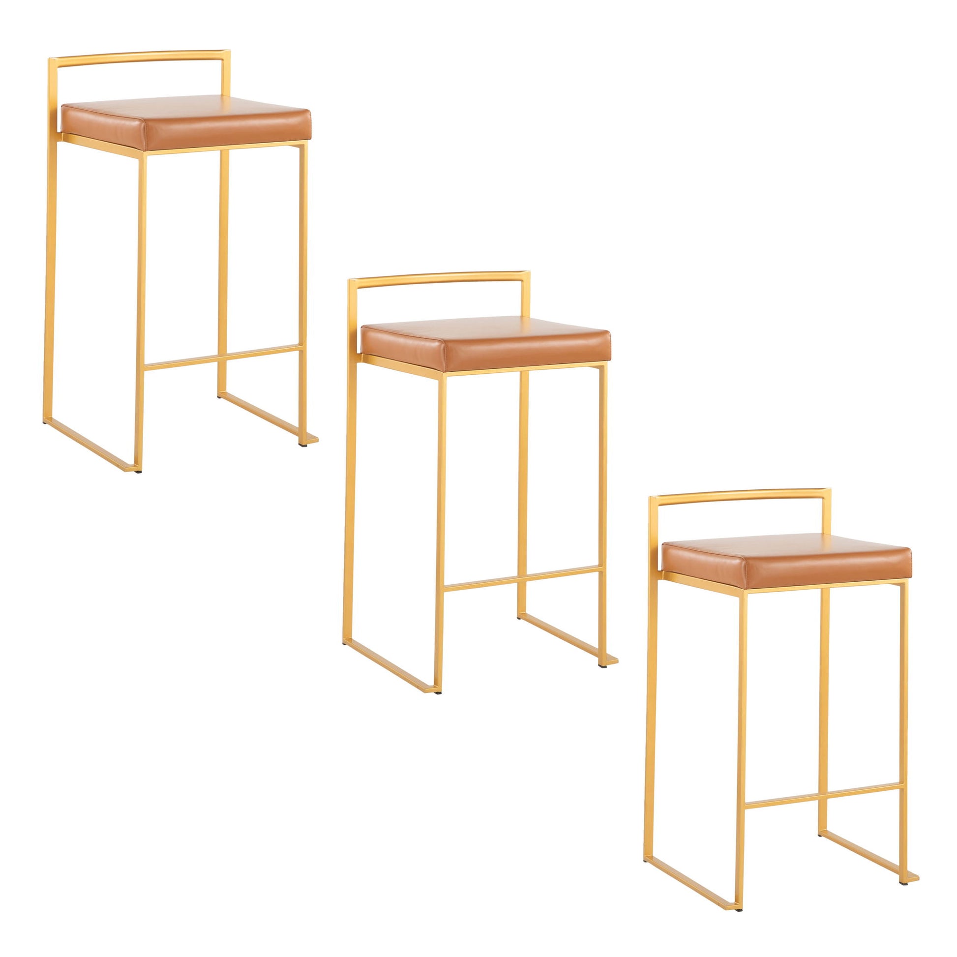 Set of 2 Fuji Contemporary/Glam counter stools with gold metal frames and tan cushioned seats, arranged diagonally on a white background.