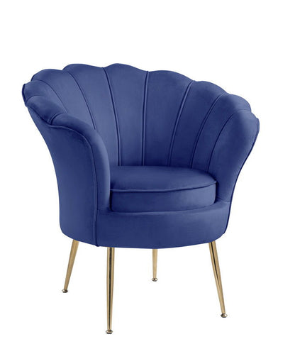The Angelina Velvet Scalloped Back Barrel Accent Chair features a shell-like backrest and slim gold metal legs.