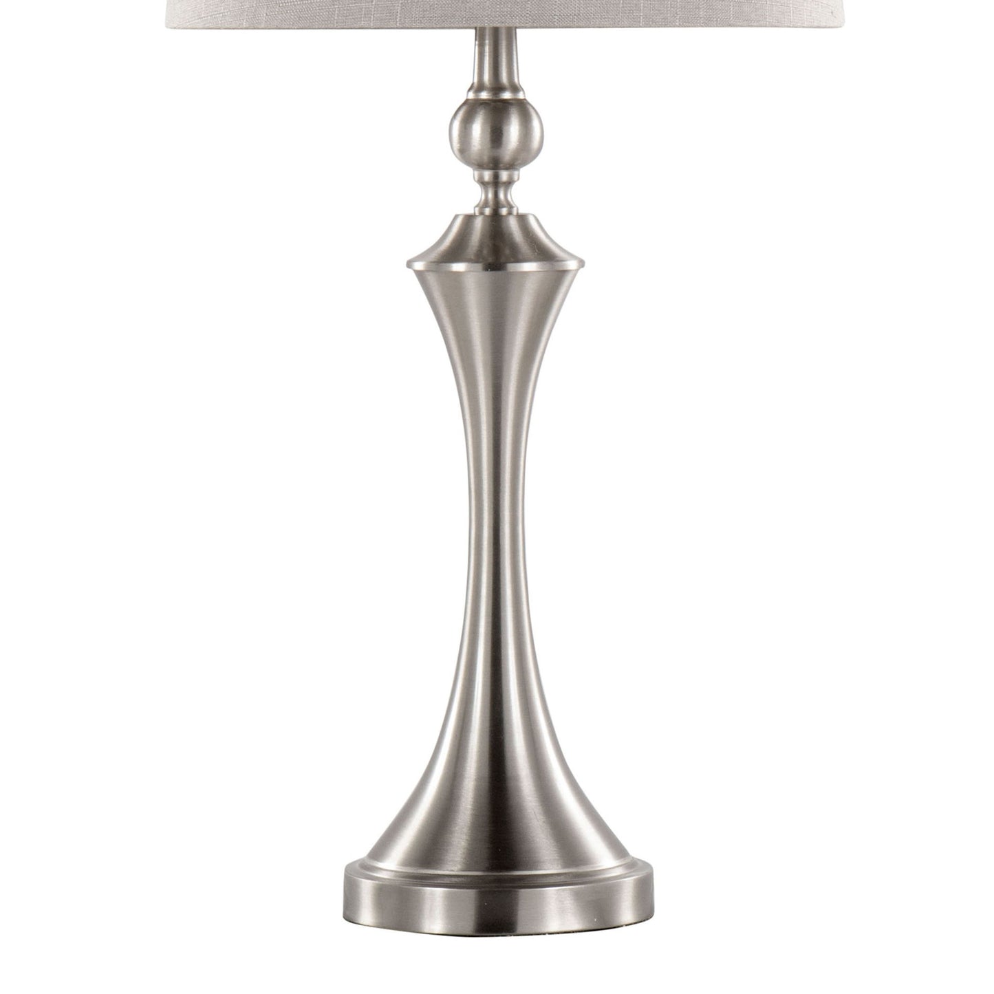 The Flint Contemporary Table Lamp (Set of 2) features a sleek, tapered brushed nickel base with a round pedestal and a partially visible beige shade, plus a built-in USB port for added convenience.