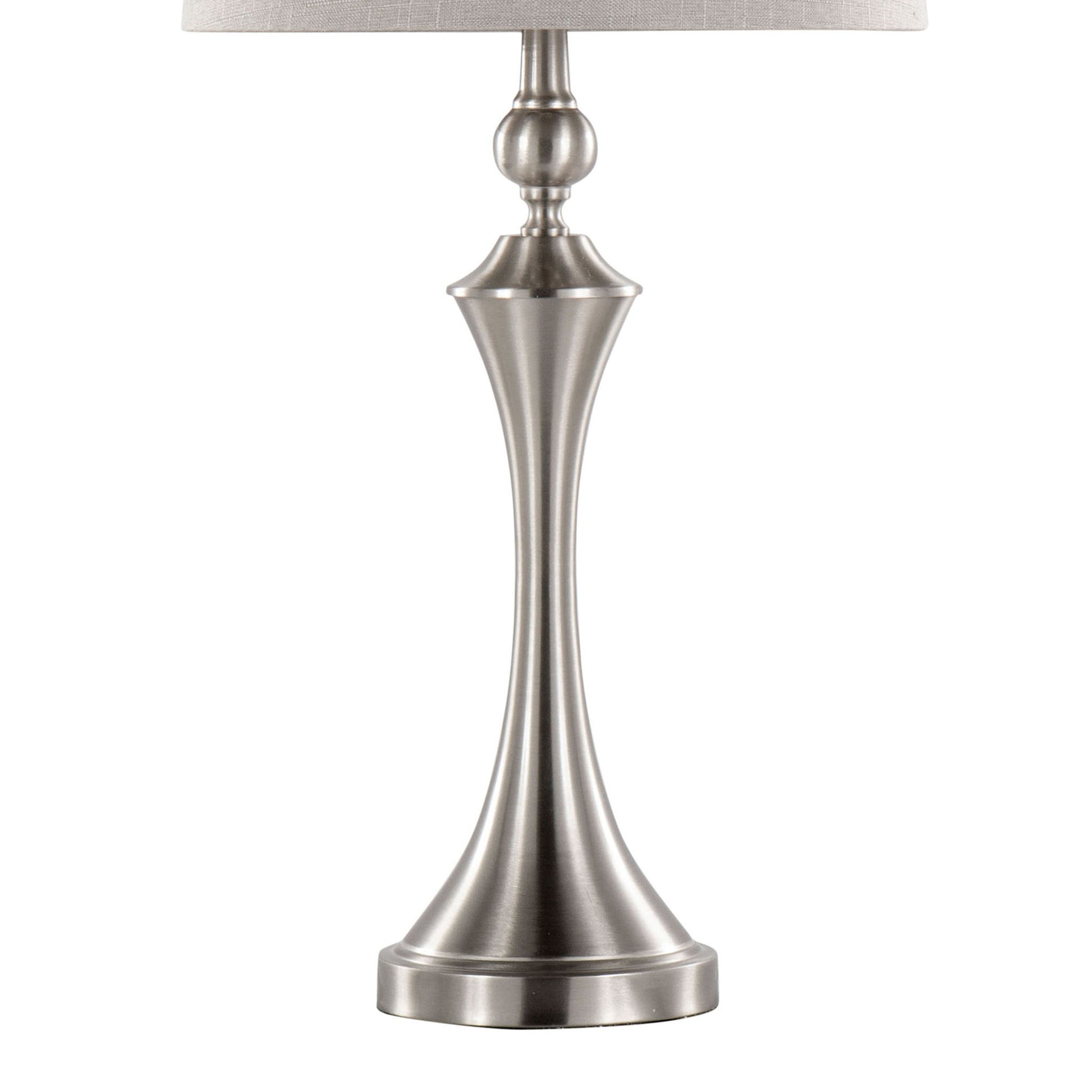 The Flint Contemporary Table Lamp (Set of 2) features a sleek, tapered brushed nickel base with a round pedestal and a partially visible beige shade, plus a built-in USB port for added convenience.