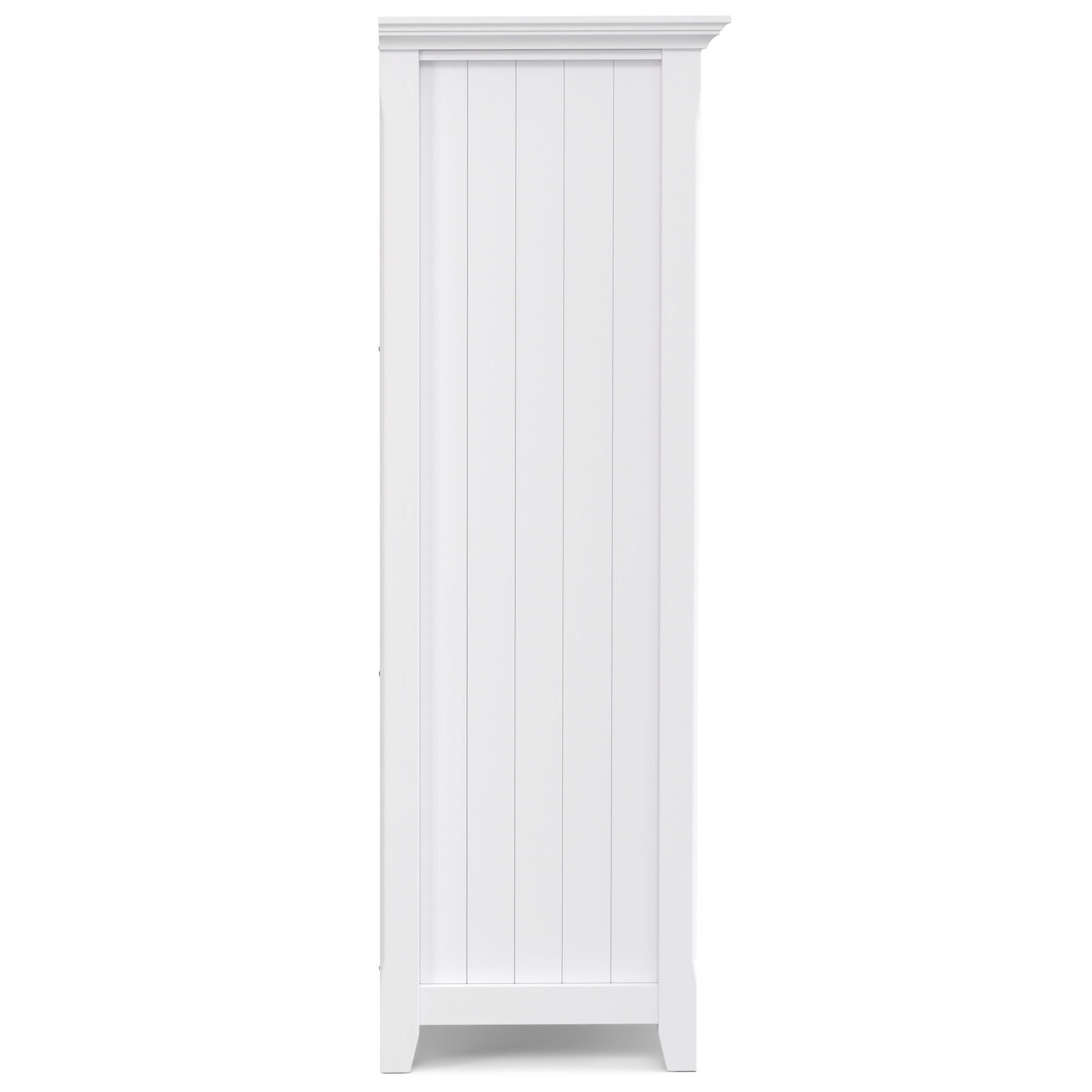 The Acadian - Handcrafted Cube Storage is a tall, white wooden cabinet with vertical panel detailing and a crown molding top, shown from the side.