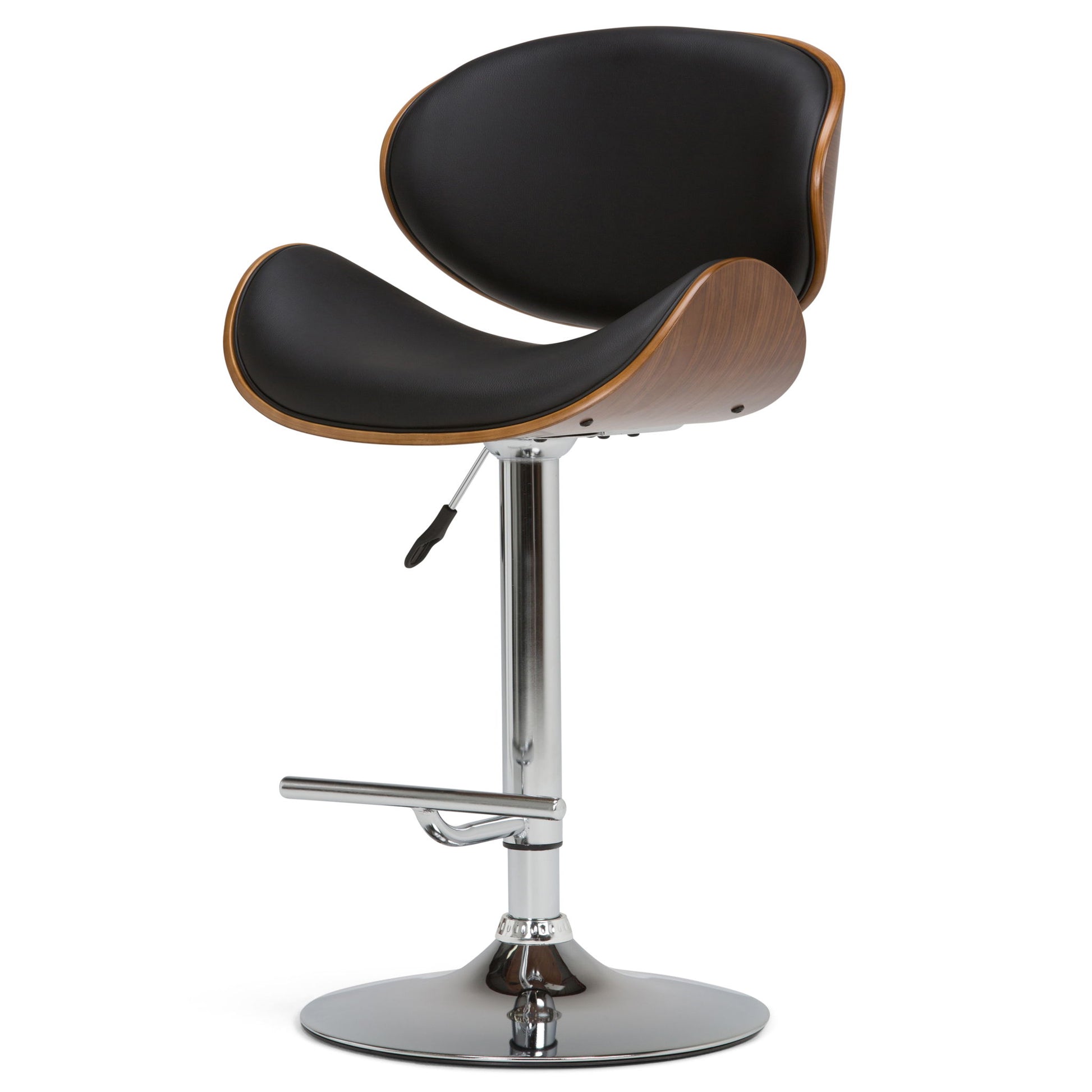 The Marana Multifunctional Handcrafted Bentwood Adjustable Swivel Bar Stool features a curved wooden backrest, black cushioned seat and back, chrome pedestal base with footrest, and an adjustable height lever on the side.