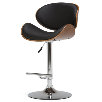 The Marana Multifunctional Handcrafted Bentwood Adjustable Swivel Bar Stool features a curved wooden backrest, black cushioned seat and back, chrome pedestal base with footrest, and an adjustable height lever on the side.