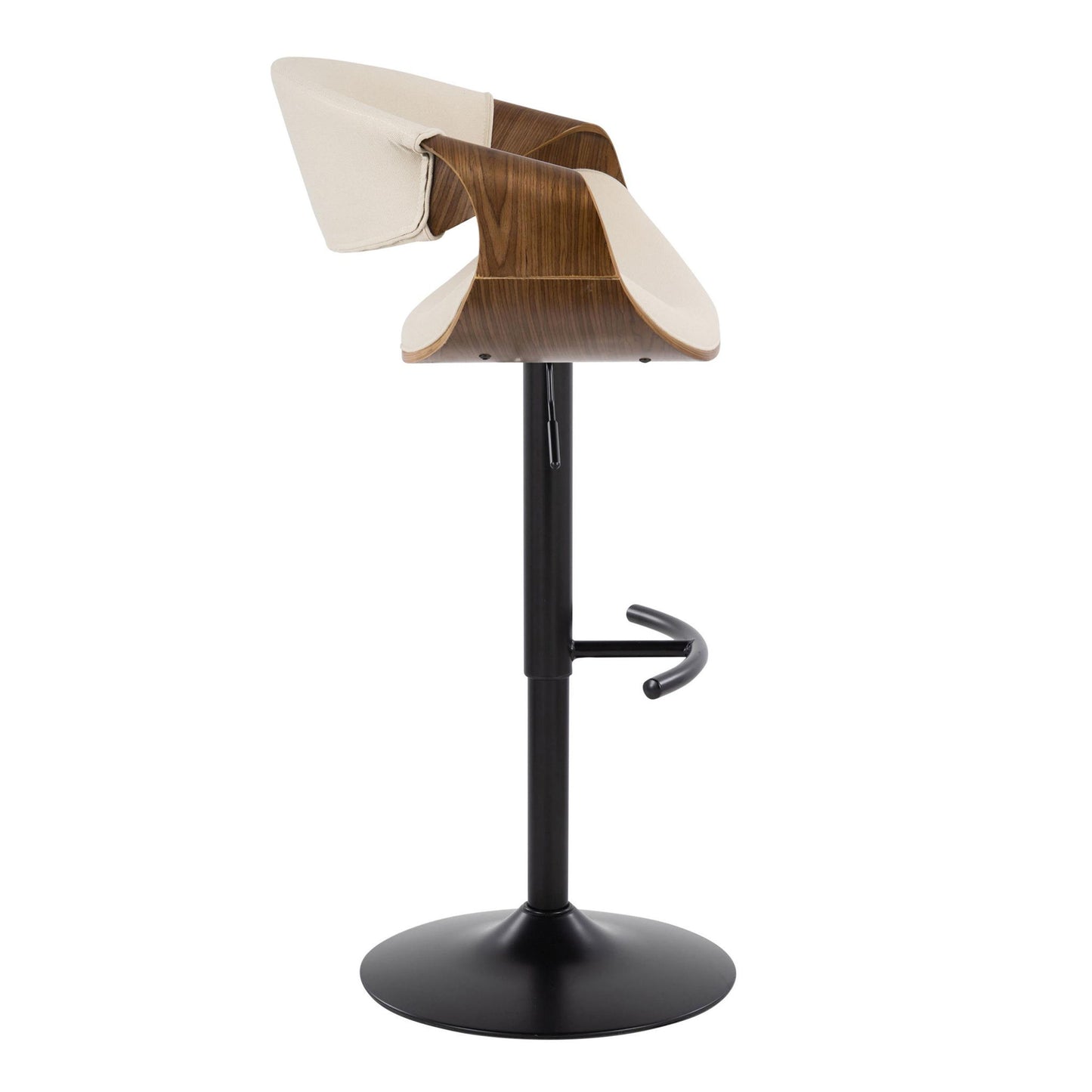 The Curvo - Mid Century Modern Adjustable Barstool (Set of 2) features a curved wooden seat with a cream cushion, black metal pedestal base, swivel function, and rounded T footrest in a sleek, contemporary design. Photo shows side view.