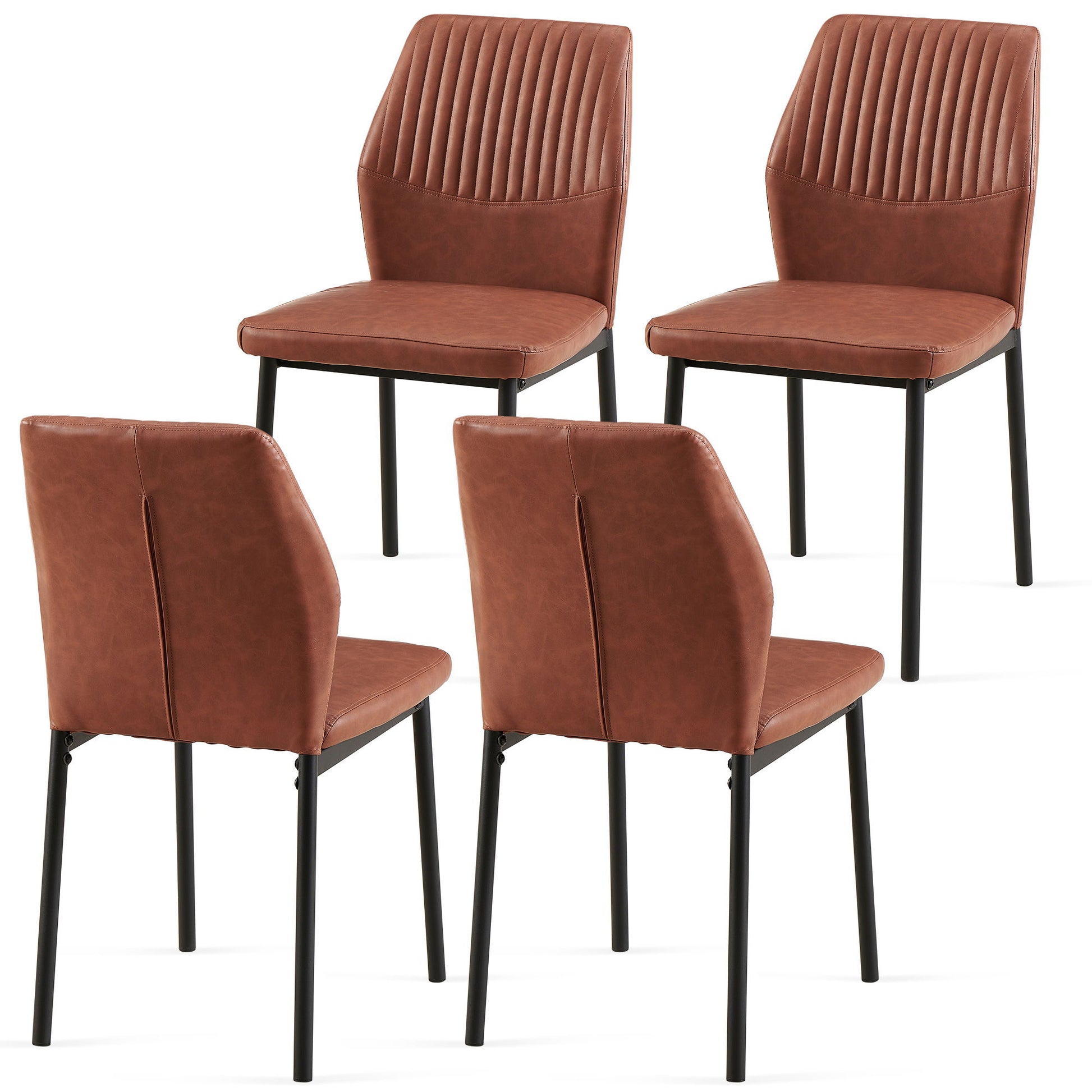 Set of four Dining Chairs Living Room Chair Modern Kitchen Armless Side Chair With Metal Legs, each with brown upholstered seats and vertical-stitched backs, arranged semi-circularly on a white background.