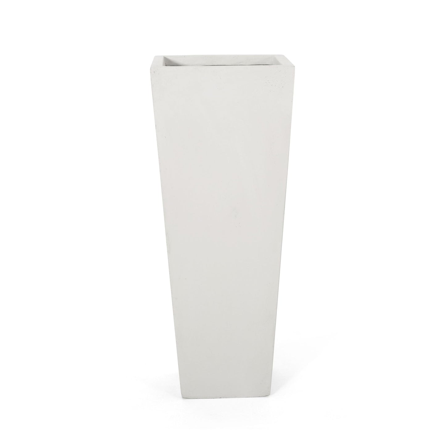 The Outdoor Modern Cast Stone Planter is a tall, white, square planter with a modern minimalist design that tapers toward the base, shown against a plain white background.