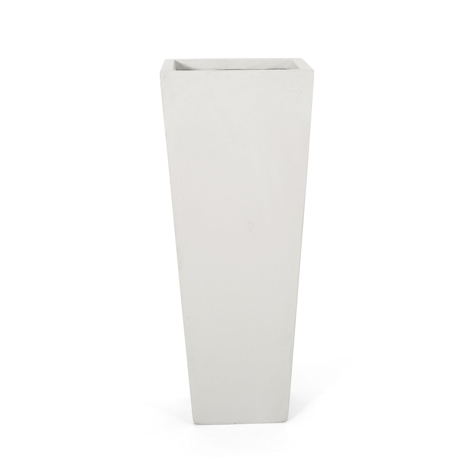 The Outdoor Modern Cast Stone Planter is a tall, white, square planter with a modern minimalist design that tapers toward the base, shown against a plain white background.