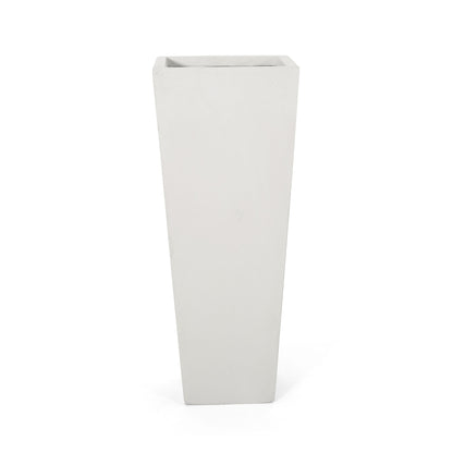 The Outdoor Modern Cast Stone Planter is a tall, white, square planter with a modern minimalist design that tapers toward the base, shown against a plain white background.